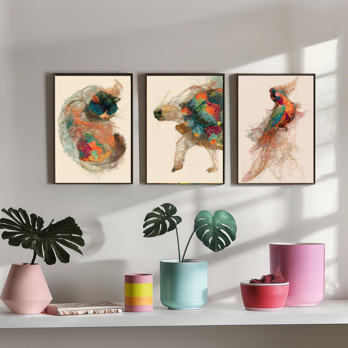 Veterinary Practice Set of Three Art Prints - Sleeping Cat, Tortoise, Parrot - Animal Thread Illustration Poster