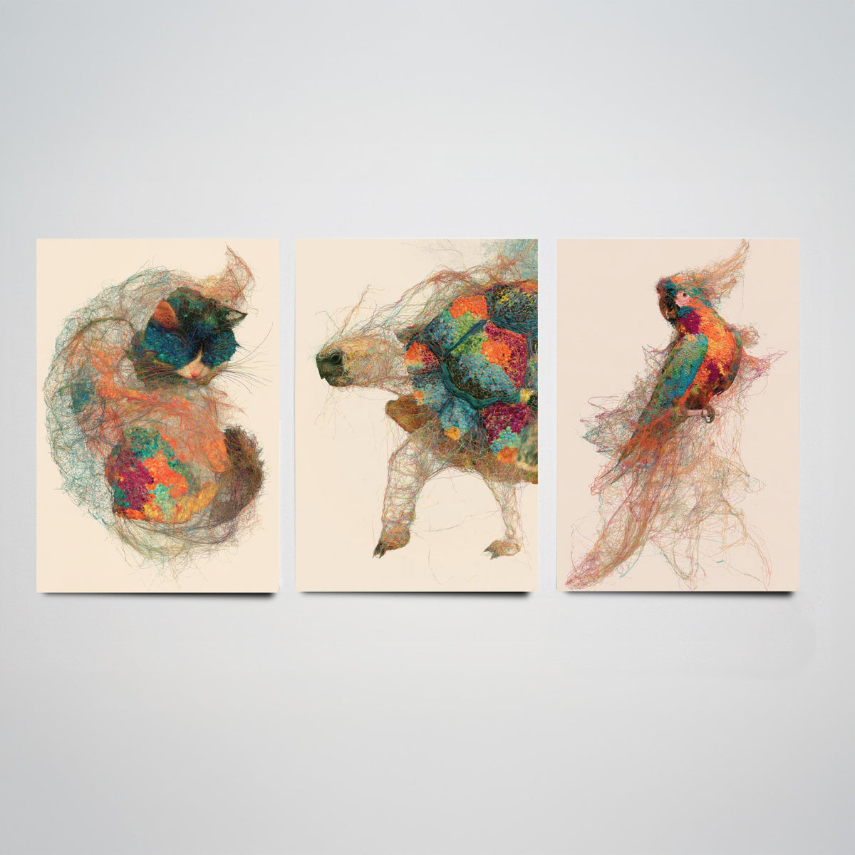 Veterinary Practice Set of Three Art Prints - Sleeping Cat, Tortoise, Parrot - Animal Thread Illustration Poster