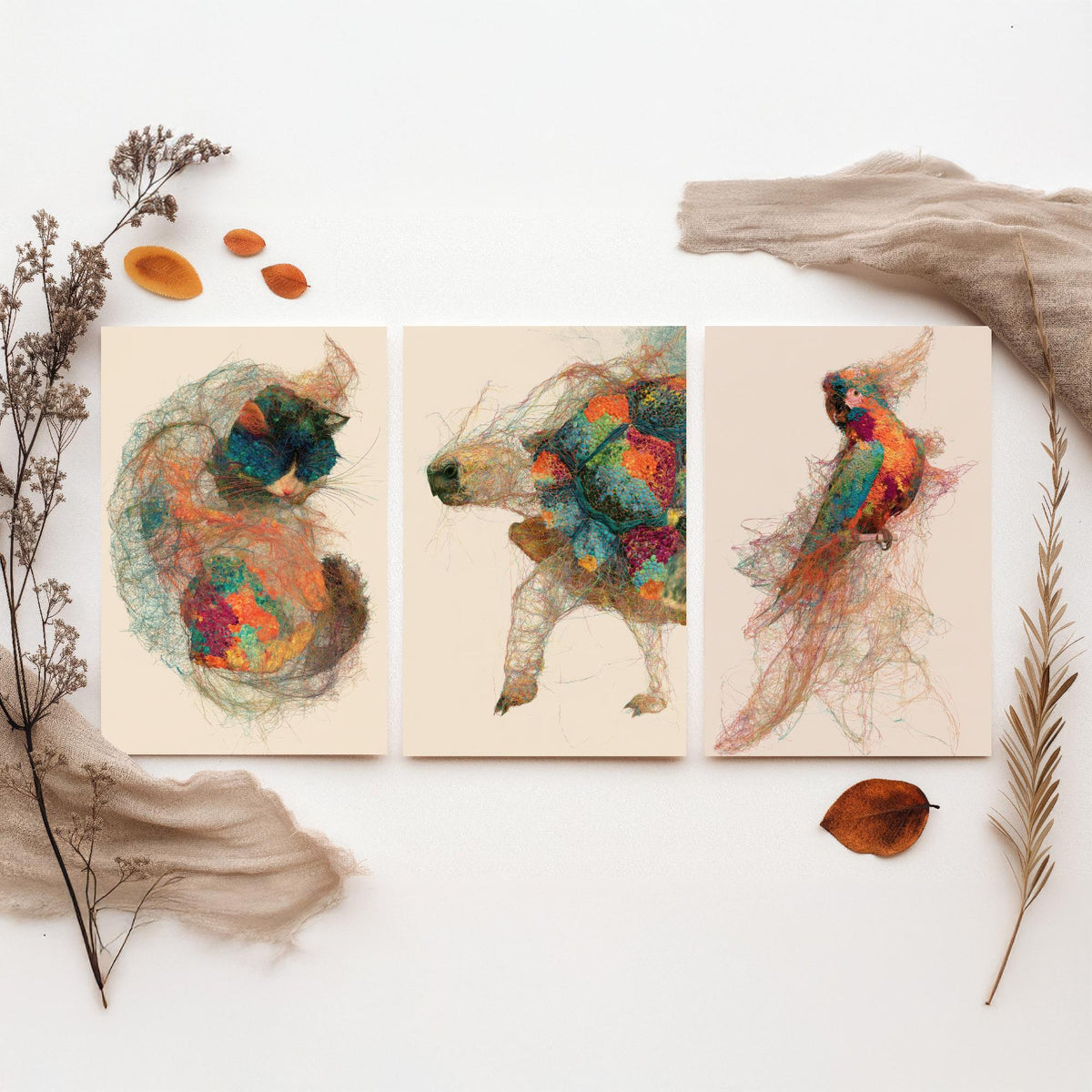 Veterinary Practice Set of Three Art Prints - Sleeping Cat, Tortoise, Parrot - Animal Thread Illustration Poster