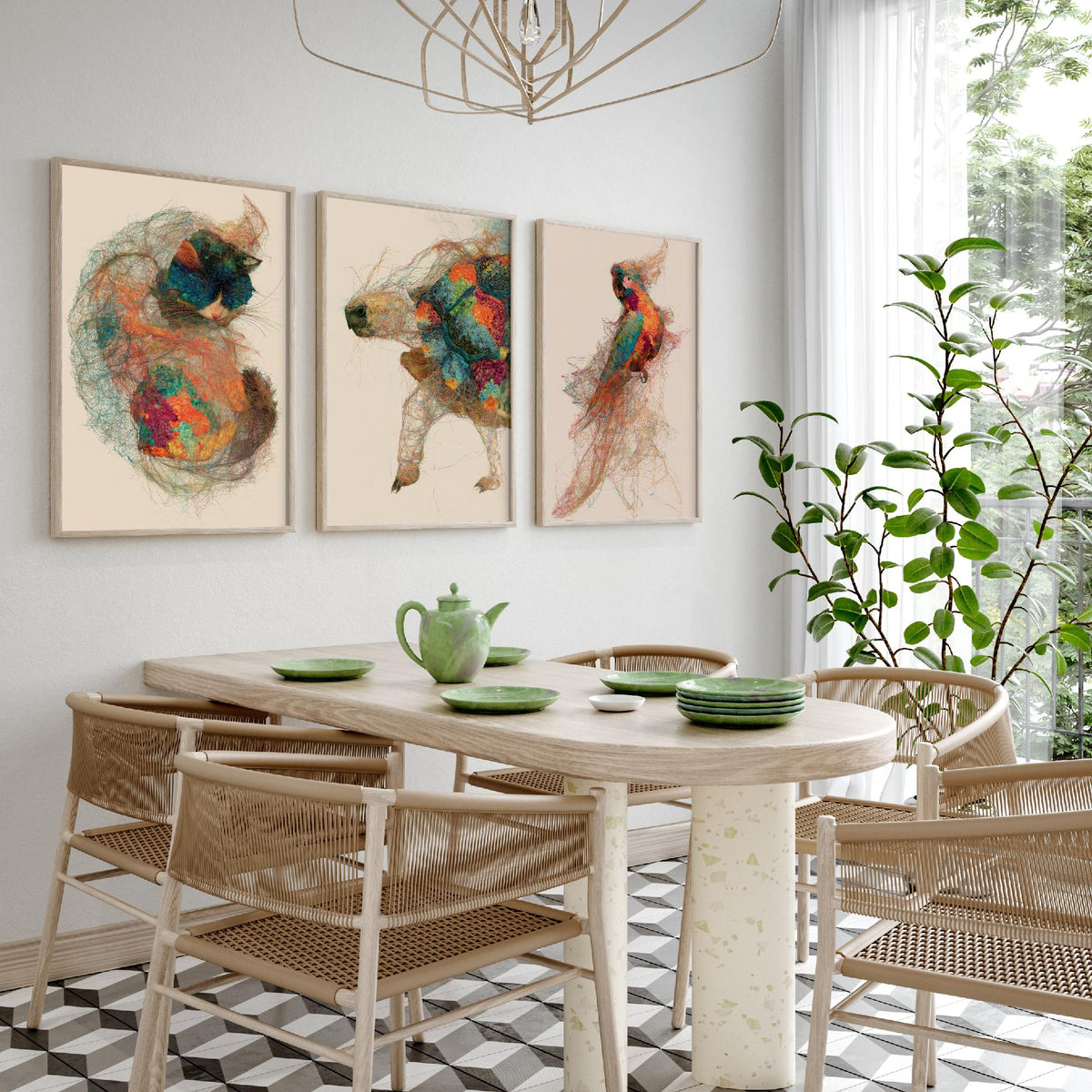 Veterinary Practice Set of Three Art Prints - Sleeping Cat, Tortoise, Parrot - Animal Thread Illustration Poster