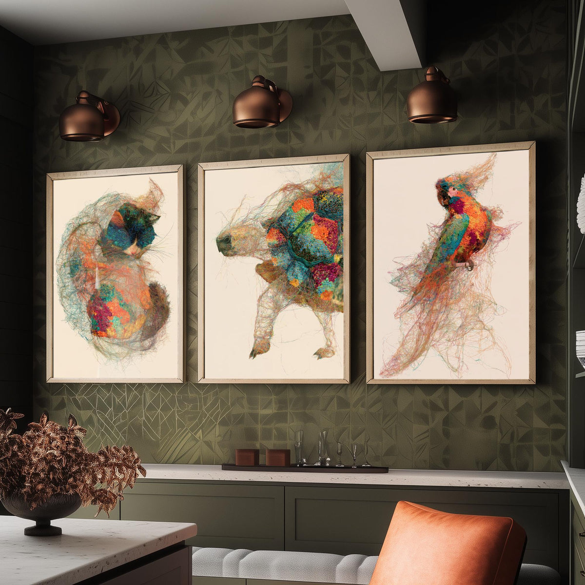 Veterinary Practice Set of Three Art Prints - Sleeping Cat, Tortoise, Parrot - Animal Thread Illustration Poster