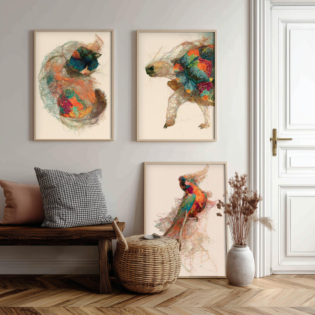 Veterinary Practice Set of Three Art Prints - Sleeping Cat, Tortoise, Parrot - Animal Thread Illustration Poster