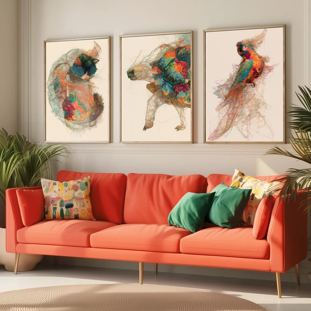 Veterinary Practice Set of Three Art Prints - Sleeping Cat, Tortoise, Parrot - Animal Thread Illustration Poster