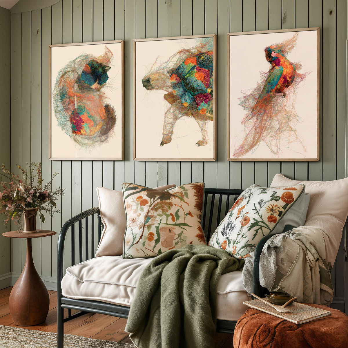 Veterinary Practice Set of Three Art Prints - Sleeping Cat, Tortoise, Parrot - Animal Thread Illustration Poster