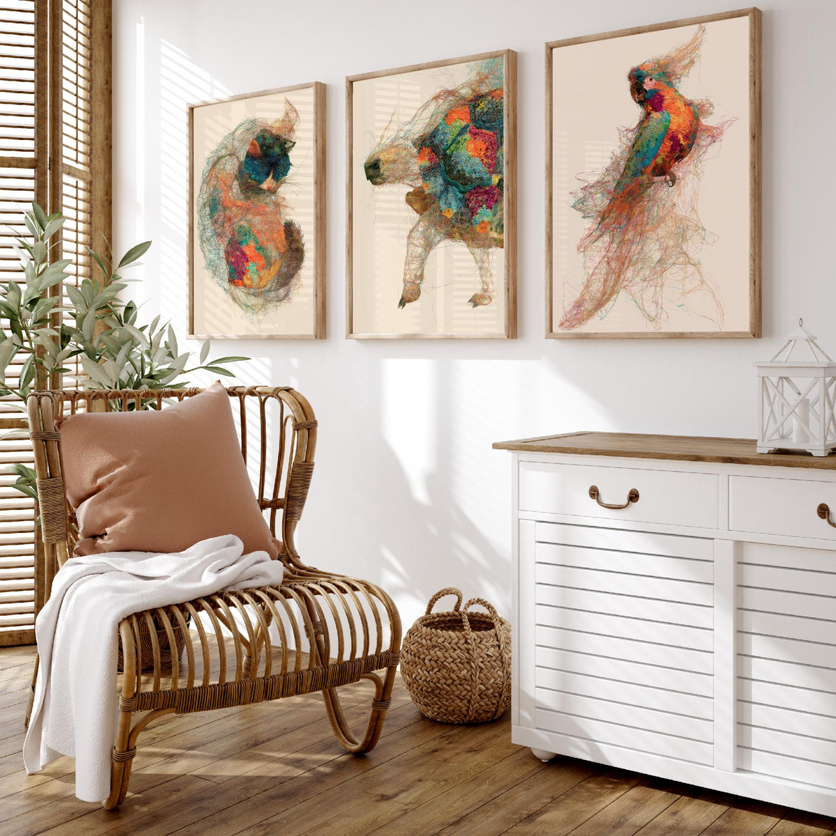 Veterinary Practice Set of Three Art Prints - Sleeping Cat, Tortoise, Parrot - Animal Thread Illustration Poster