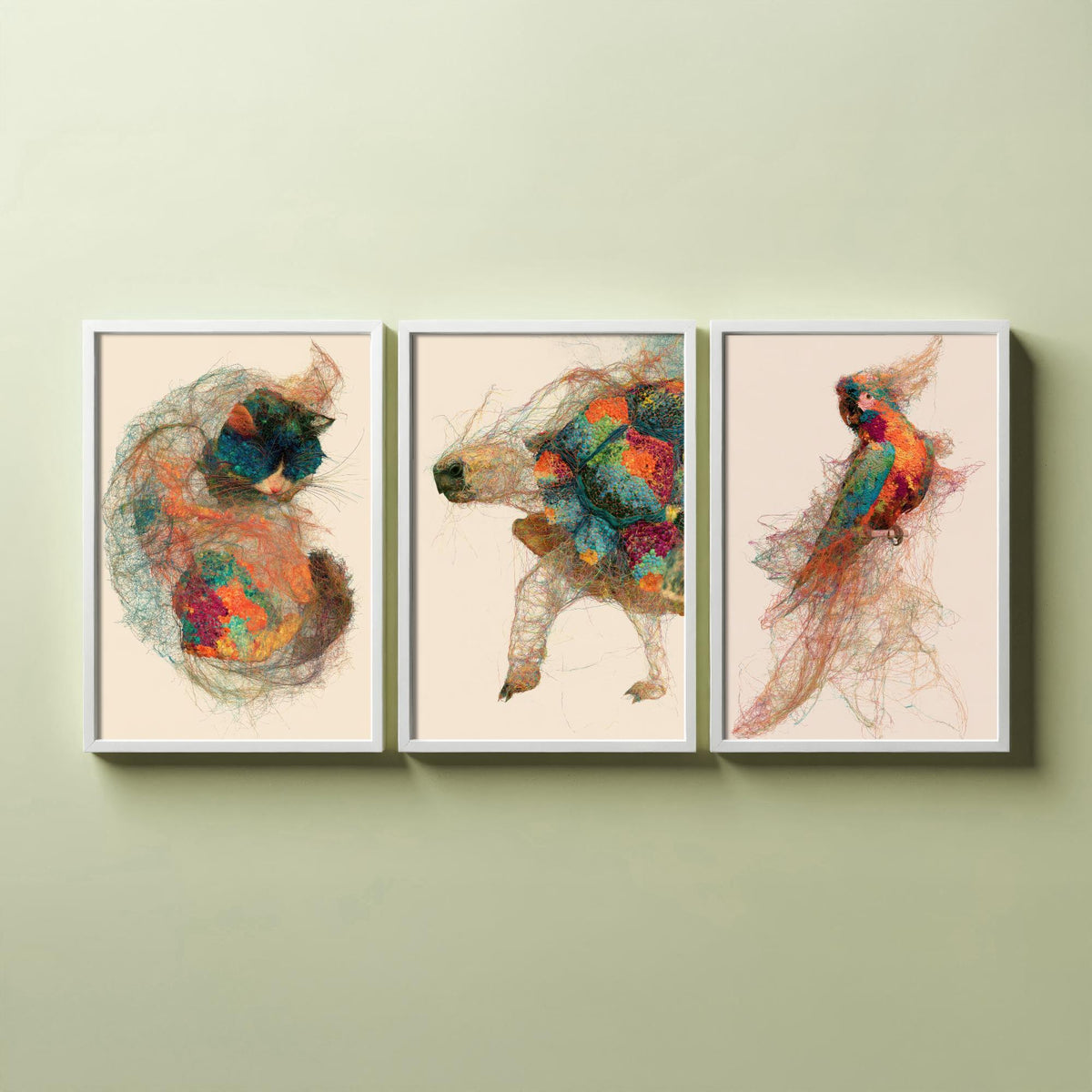 Veterinary Practice Set of Three Art Prints - Sleeping Cat, Tortoise, Parrot - Animal Thread Illustration Poster