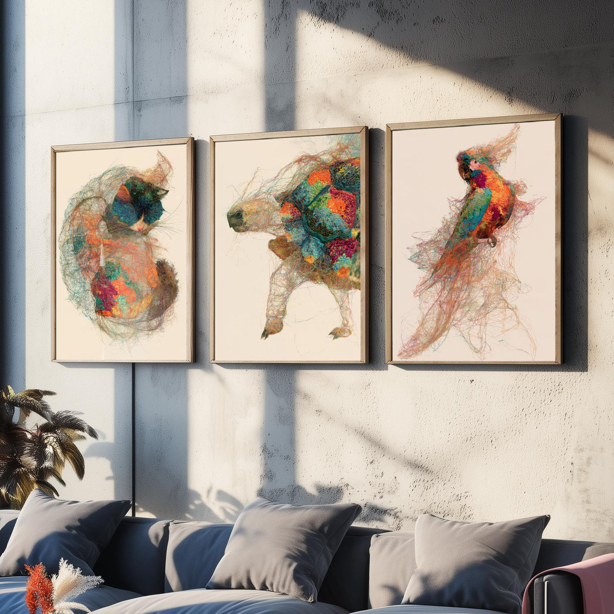 Veterinary Practice Set of Three Art Prints - Sleeping Cat, Tortoise, Parrot - Animal Thread Illustration Poster