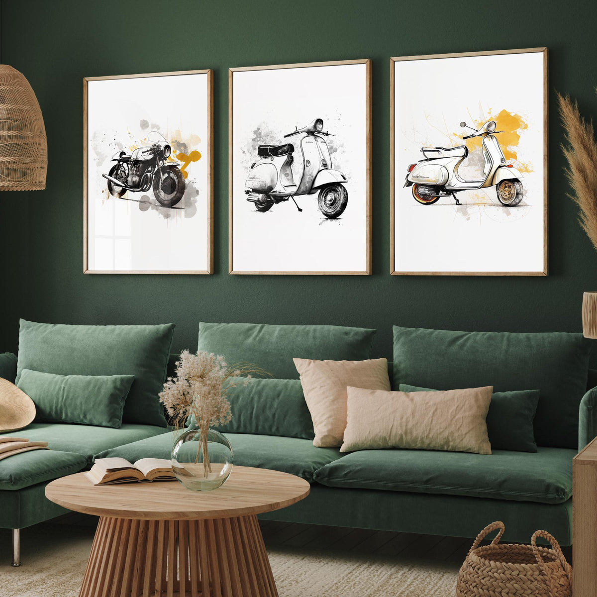 Vintage Scooters and Motorbike Set of Three Art Prints - Ink Sketch with Mustard Splashes - Retro Poster Illustration