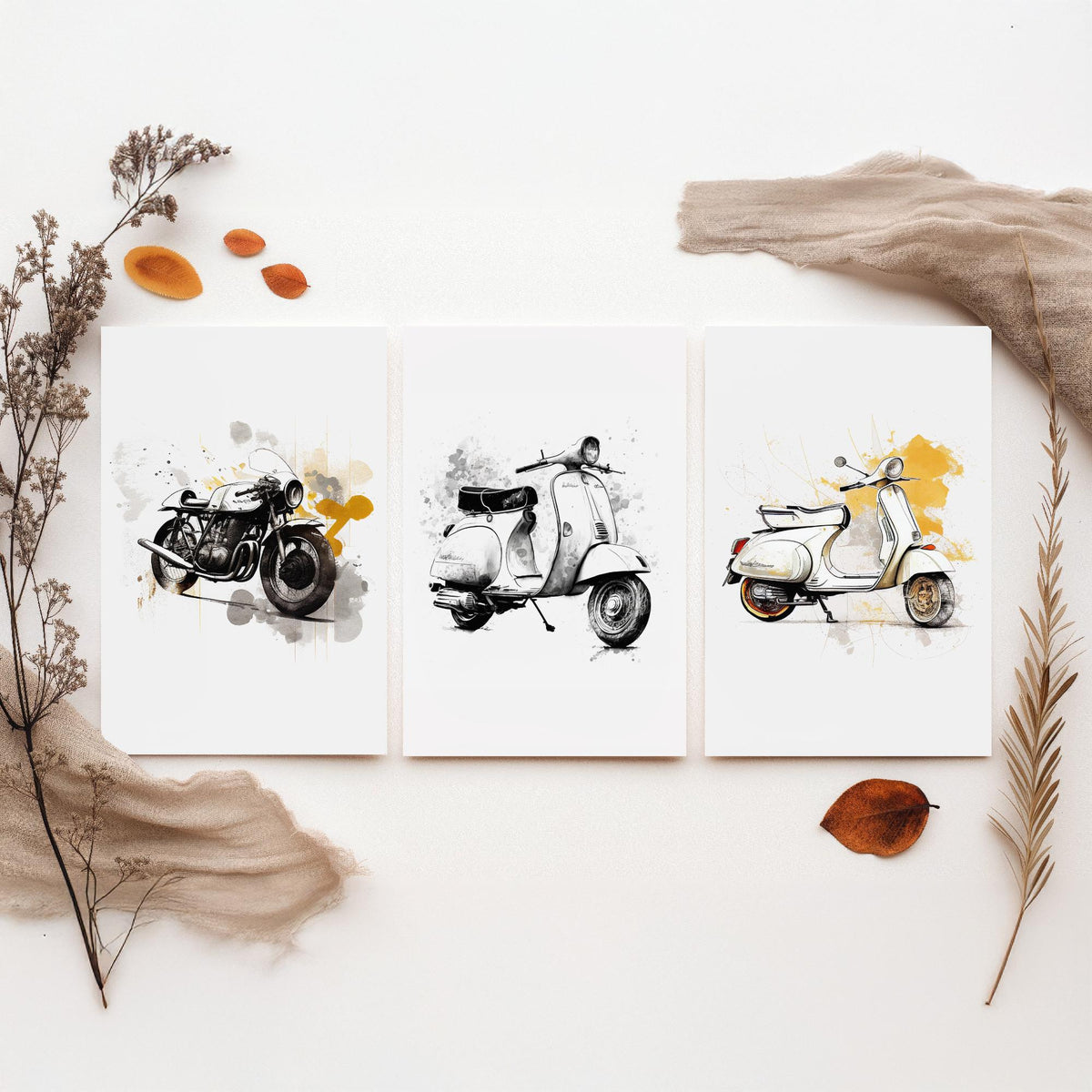 Vintage Scooters and Motorbike Set of Three Art Prints - Ink Sketch with Mustard Splashes - Retro Poster Illustration