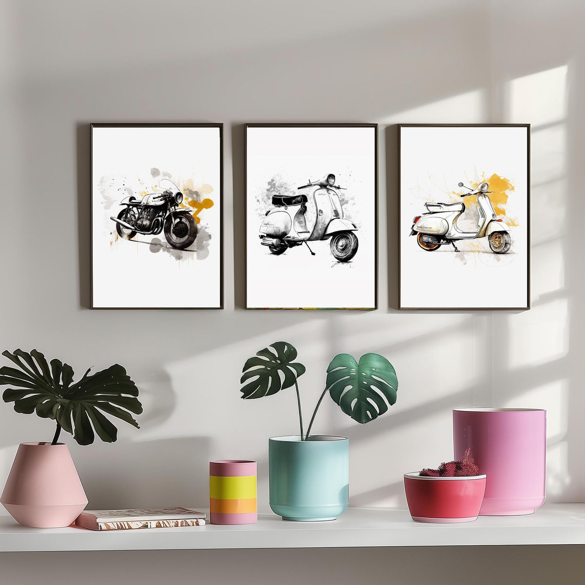 Vintage Scooters and Motorbike Set of Three Art Prints - Ink Sketch with Mustard Splashes - Retro Poster Illustration