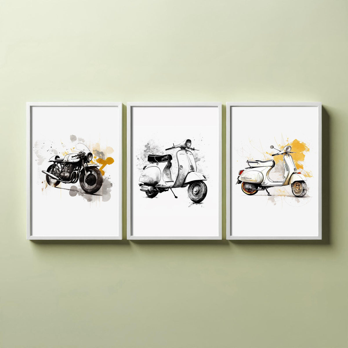 Vintage Scooters and Motorbike Set of Three Art Prints - Ink Sketch with Mustard Splashes - Retro Poster Illustration