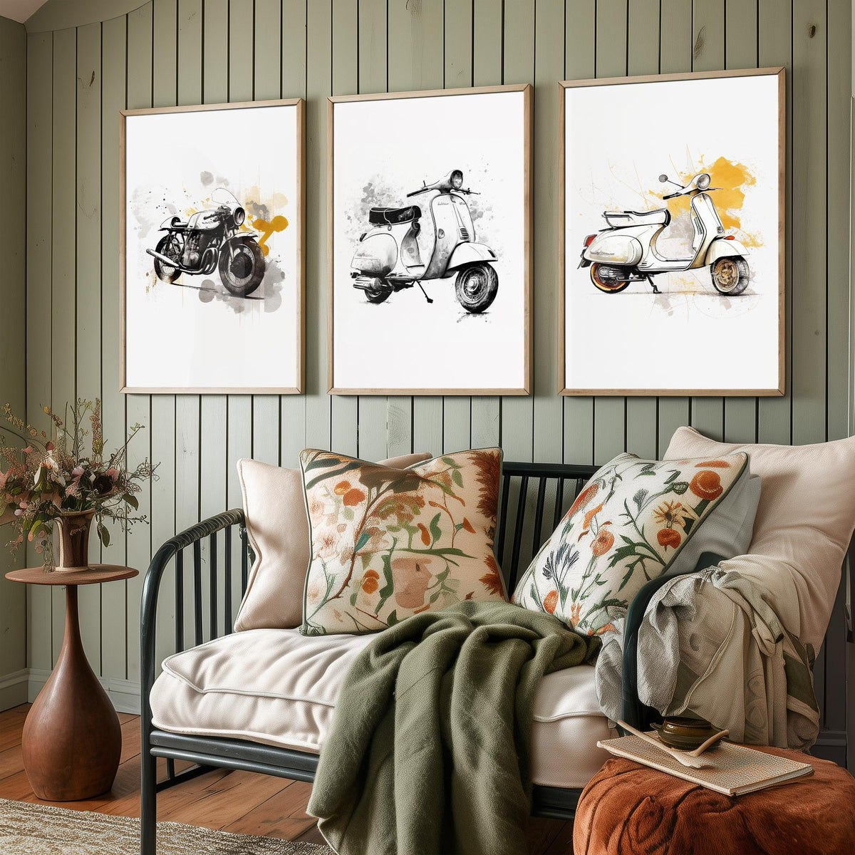 Vintage Scooters and Motorbike Set of Three Art Prints - Ink Sketch with Mustard Splashes - Retro Poster Illustration