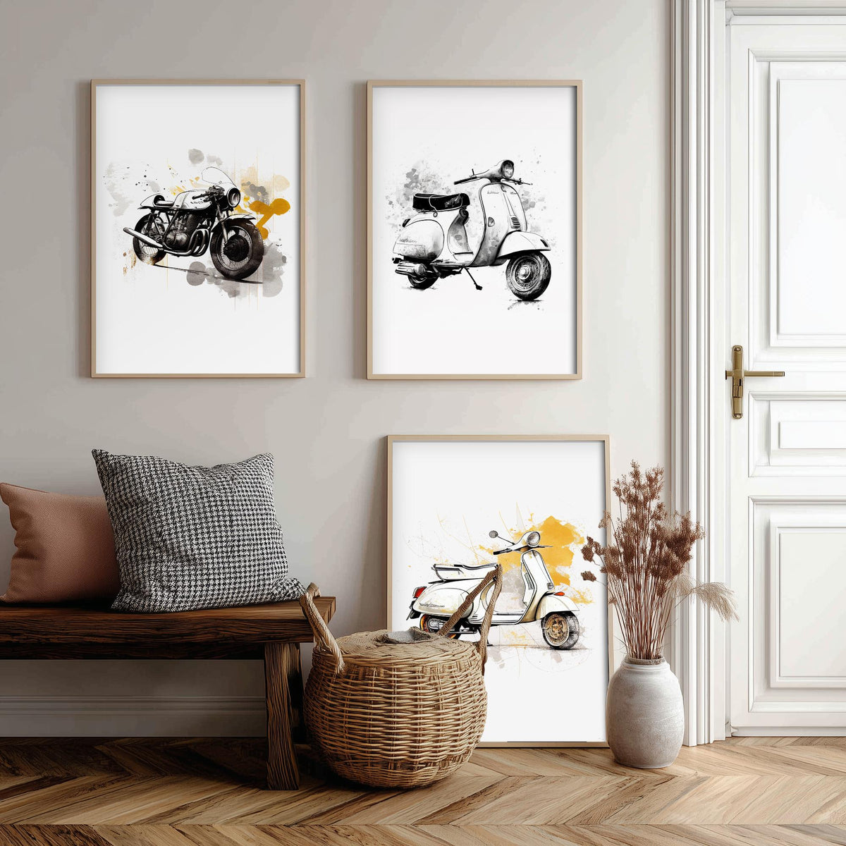 Vintage Scooters and Motorbike Set of Three Art Prints - Ink Sketch with Mustard Splashes - Retro Poster Illustration