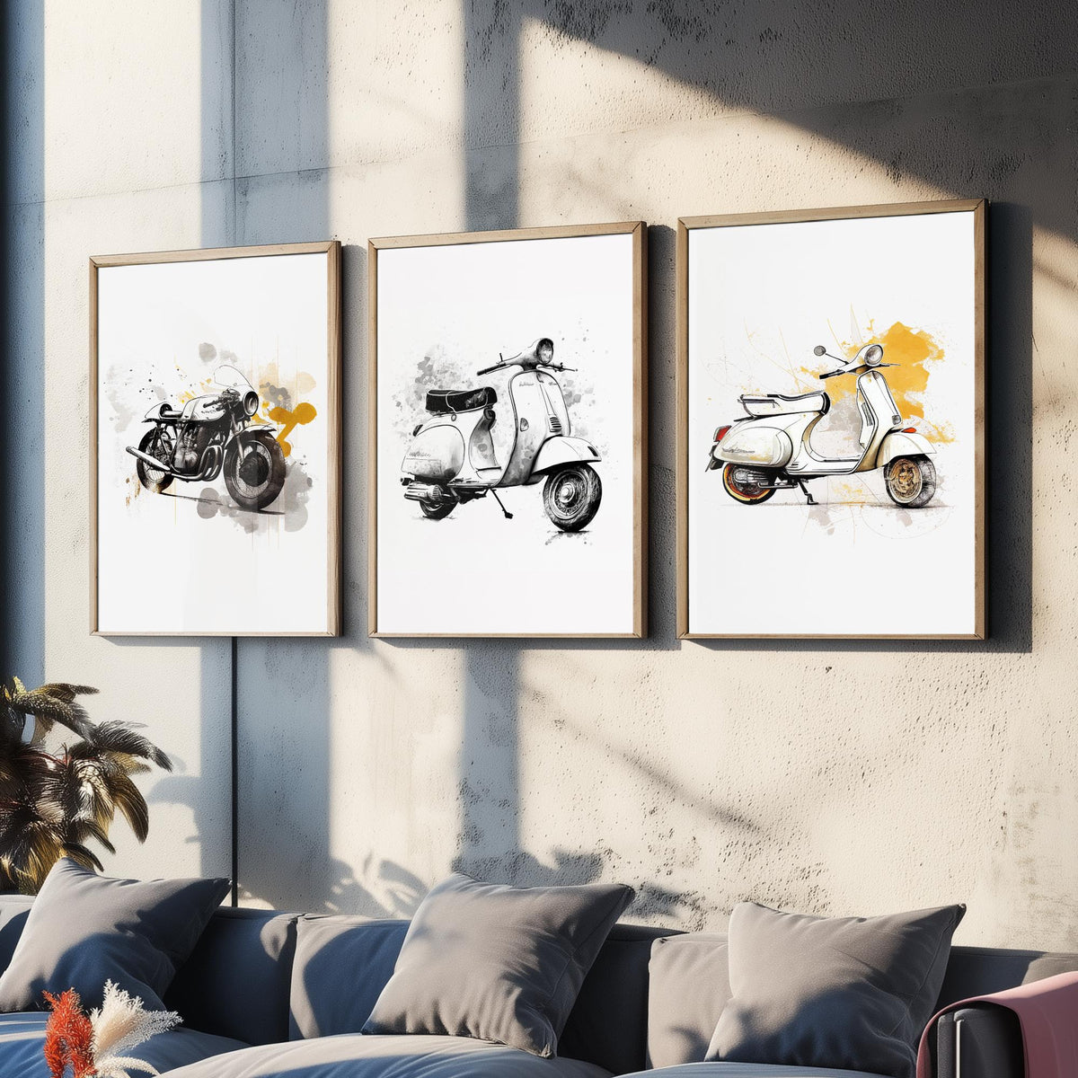 Vintage Scooters and Motorbike Set of Three Art Prints - Ink Sketch with Mustard Splashes - Retro Poster Illustration