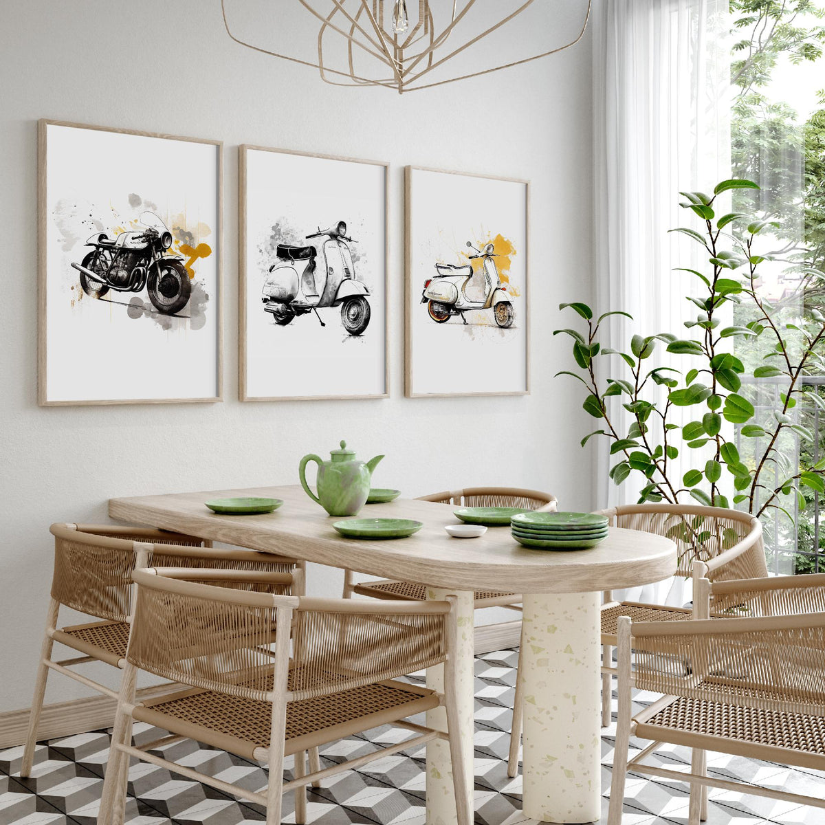 Vintage Scooters and Motorbike Set of Three Art Prints - Ink Sketch with Mustard Splashes - Retro Poster Illustration