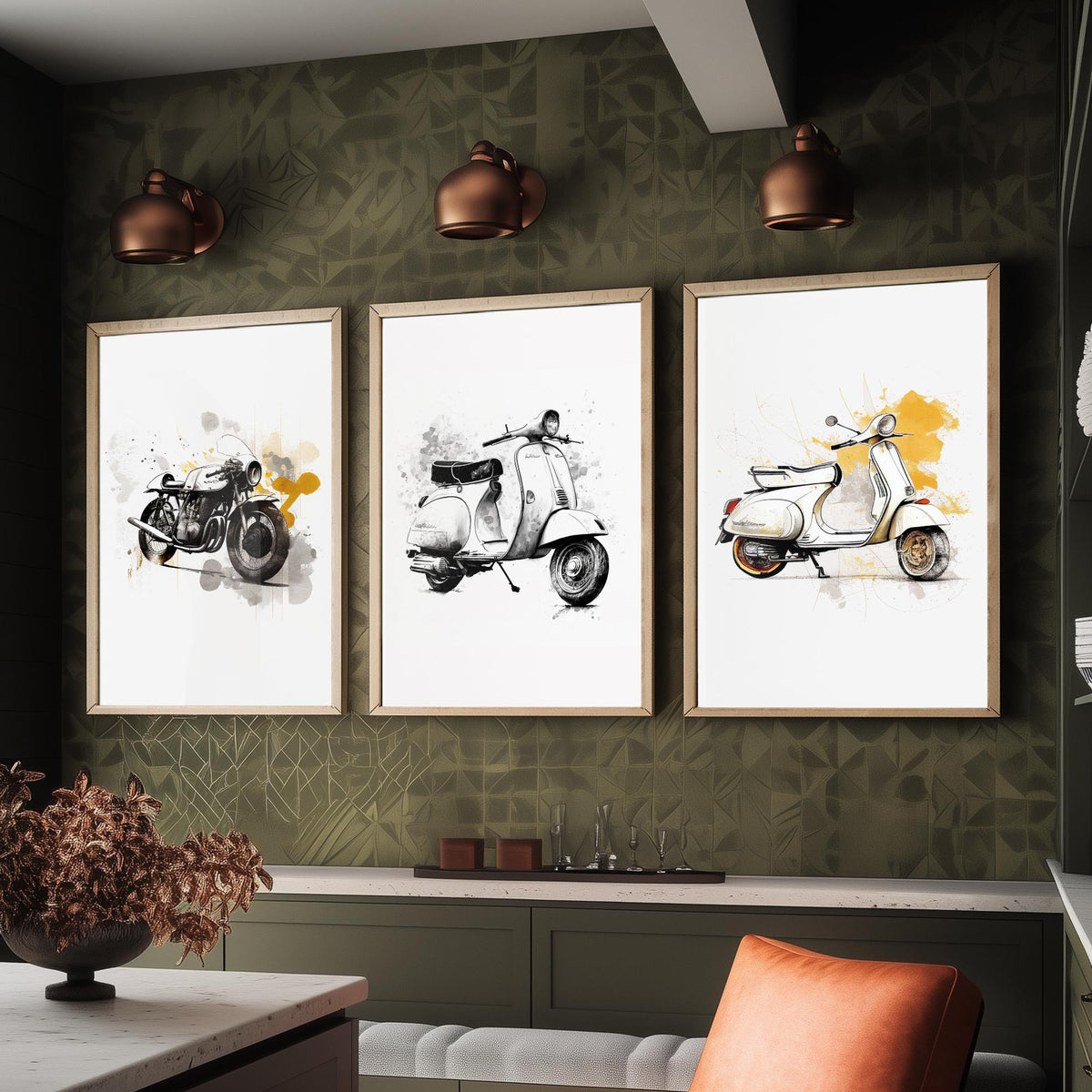 Vintage Scooters and Motorbike Set of Three Art Prints - Ink Sketch with Mustard Splashes - Retro Poster Illustration