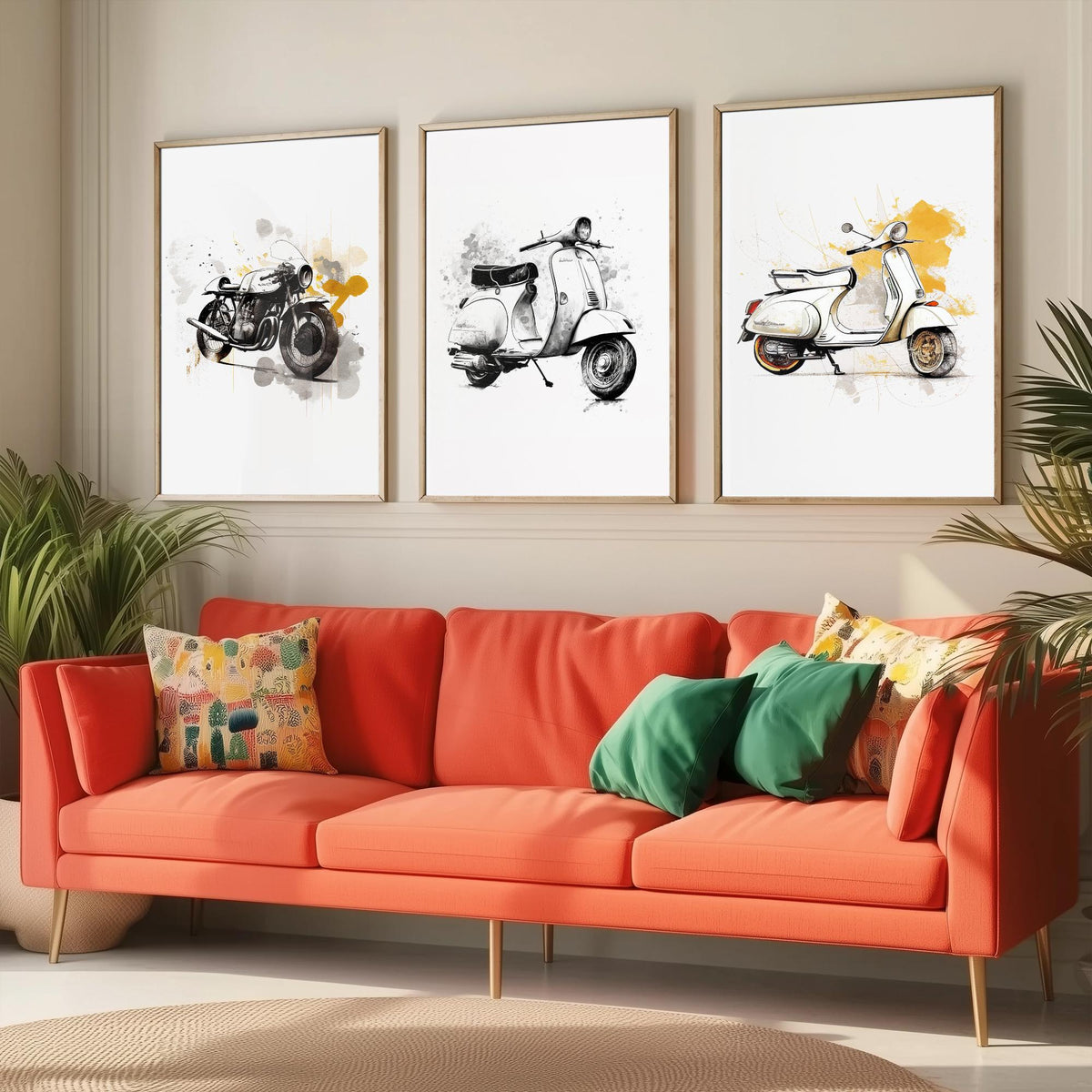 Vintage Scooters and Motorbike Set of Three Art Prints - Ink Sketch with Mustard Splashes - Retro Poster Illustration