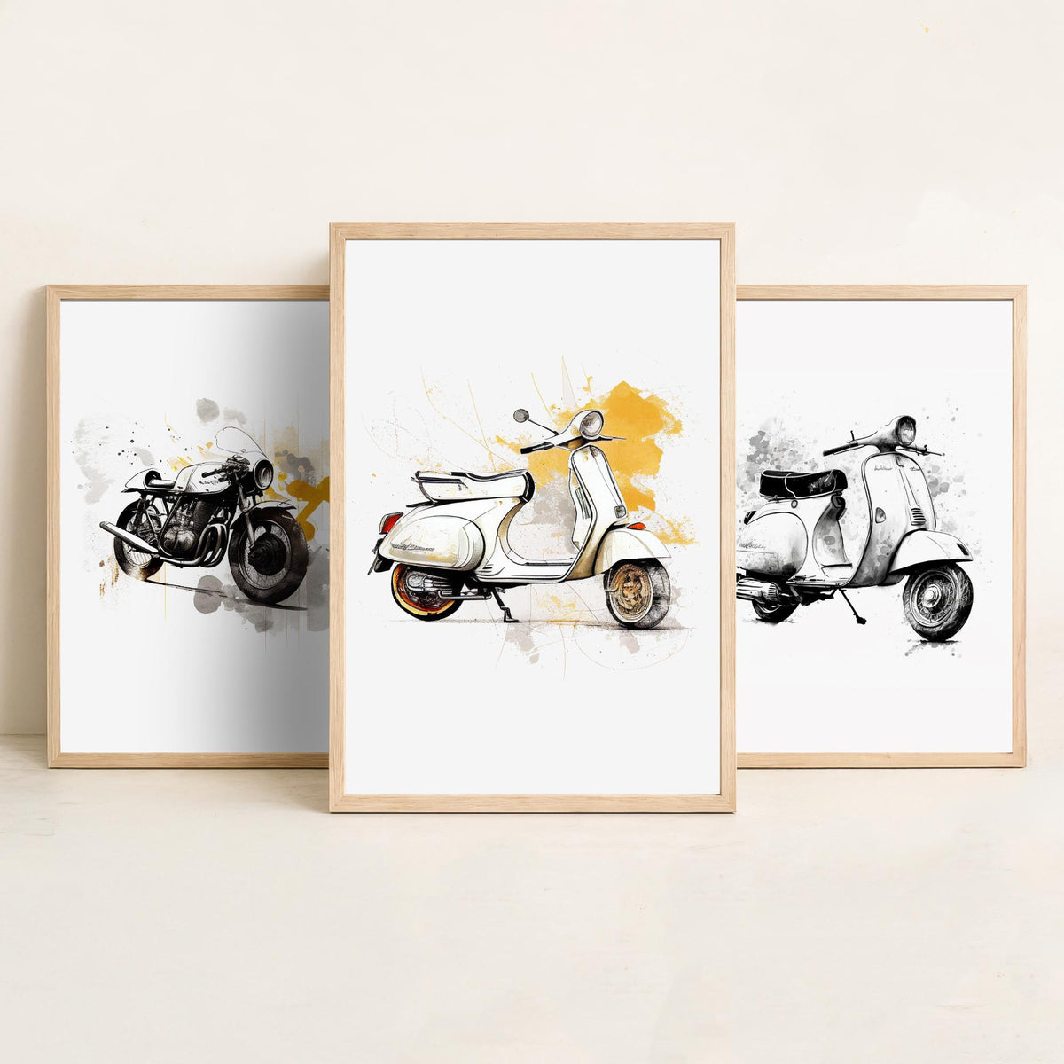 Vintage Scooters and Motorbike Set of Three Art Prints - Ink Sketch with Mustard Splashes - Retro Poster Illustration