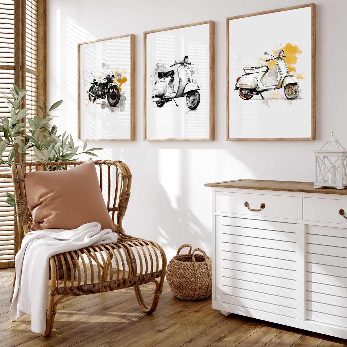 Vintage Scooters and Motorbike Set of Three Art Prints - Ink Sketch with Mustard Splashes - Retro Poster Illustration
