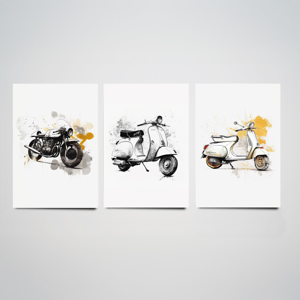Vintage Scooters and Motorbike Set of Three Art Prints - Ink Sketch with Mustard Splashes - Retro Poster Illustration