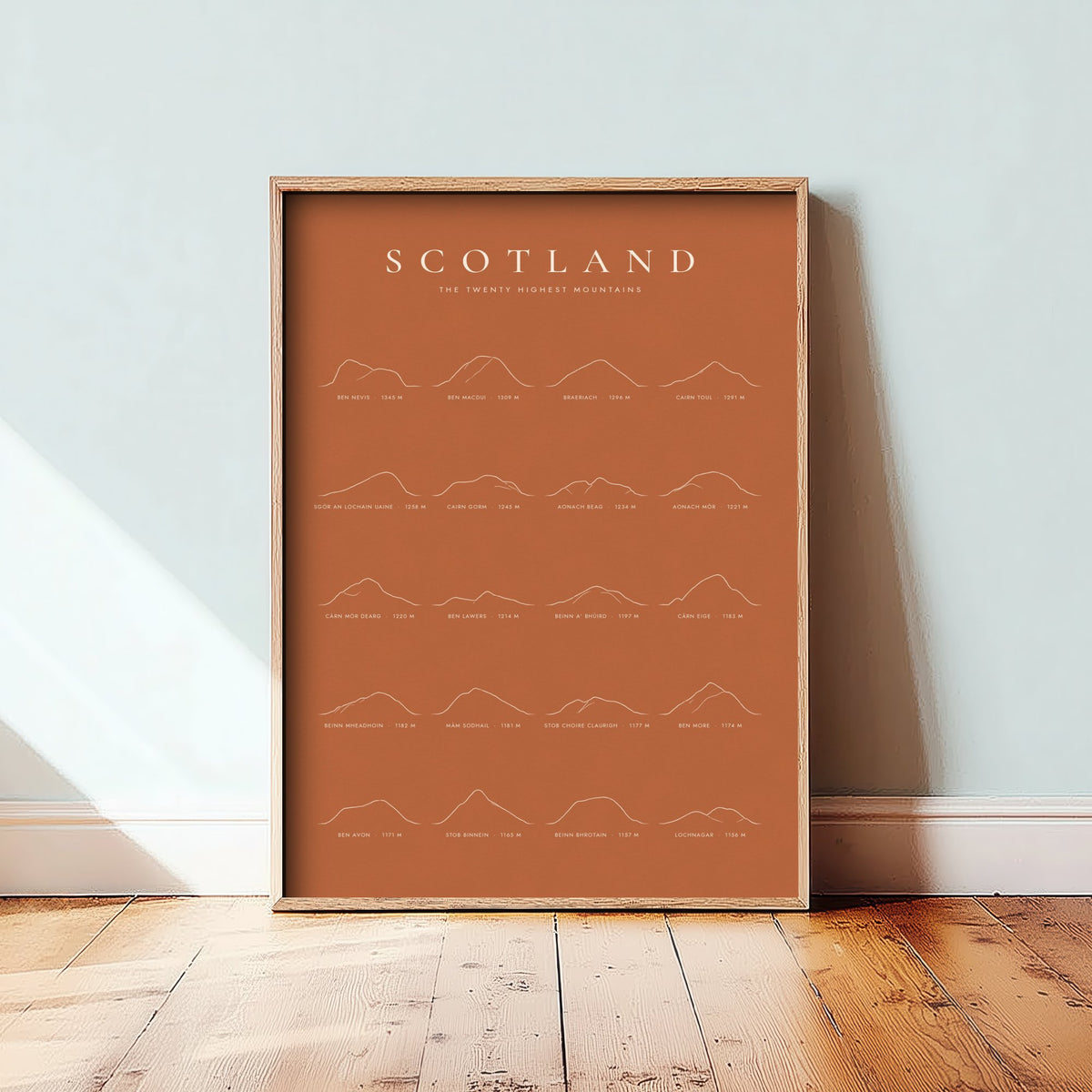 Scotland Mountains Art Print - Bracken Orange Classic Poster - Twenty Highest Peaks Line Drawing - Highlands Gift