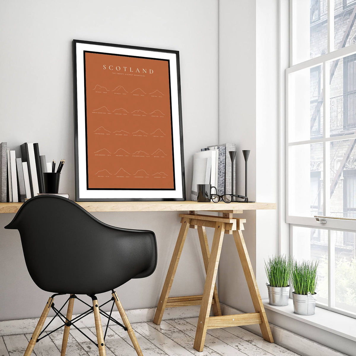 Scotland Mountains Art Print - Bracken Orange Classic Poster - Twenty Highest Peaks Line Drawing - Highlands Gift