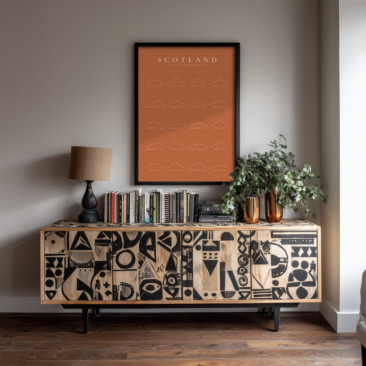Scotland Mountains Art Print - Bracken Orange Classic Poster - Twenty Highest Peaks Line Drawing - Highlands Gift