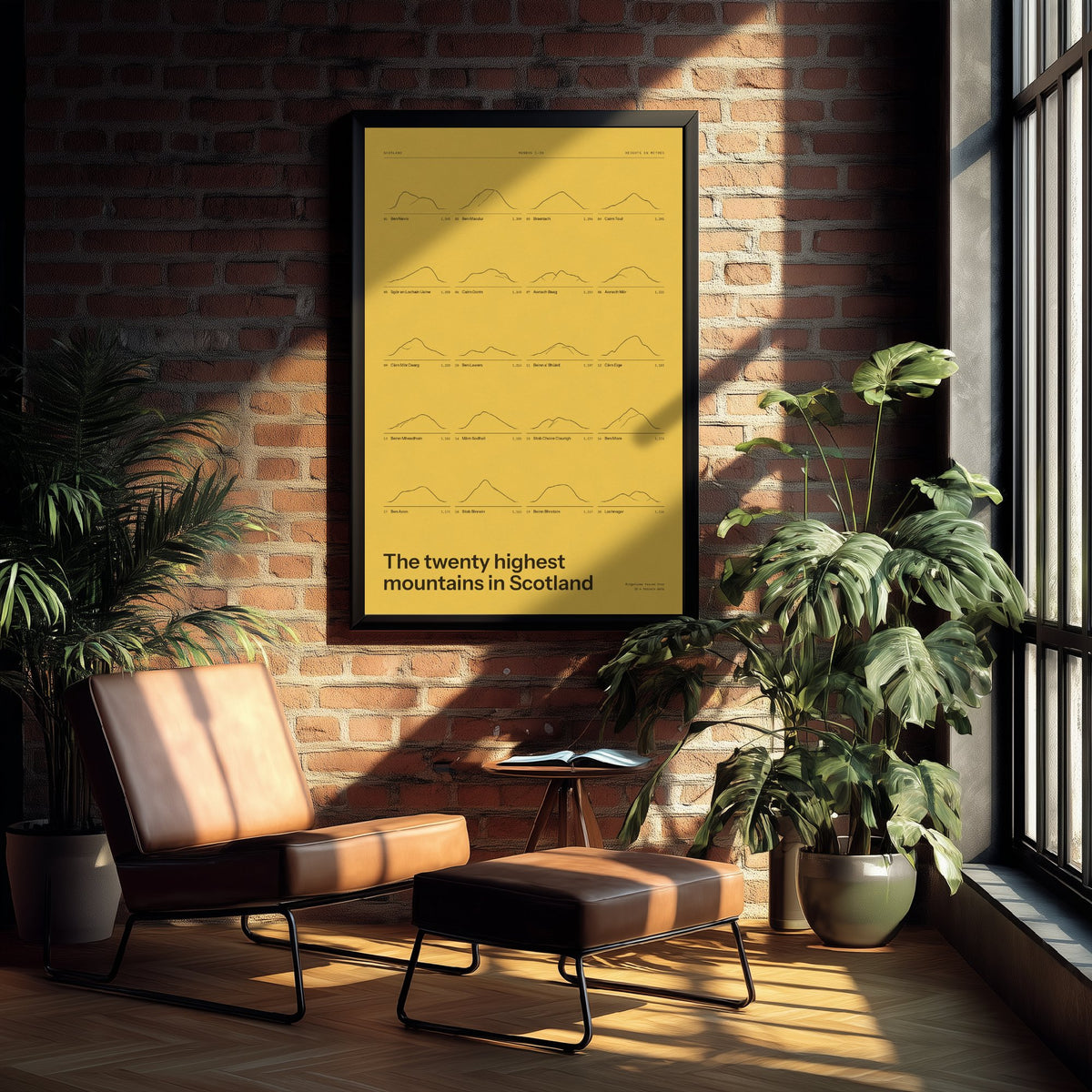 Highest Mountains in Scotland Art Print - Gorse Yellow Ledger Poster - Munros 1 to 20 Ridgeline Illustration - Hillwalking Gift