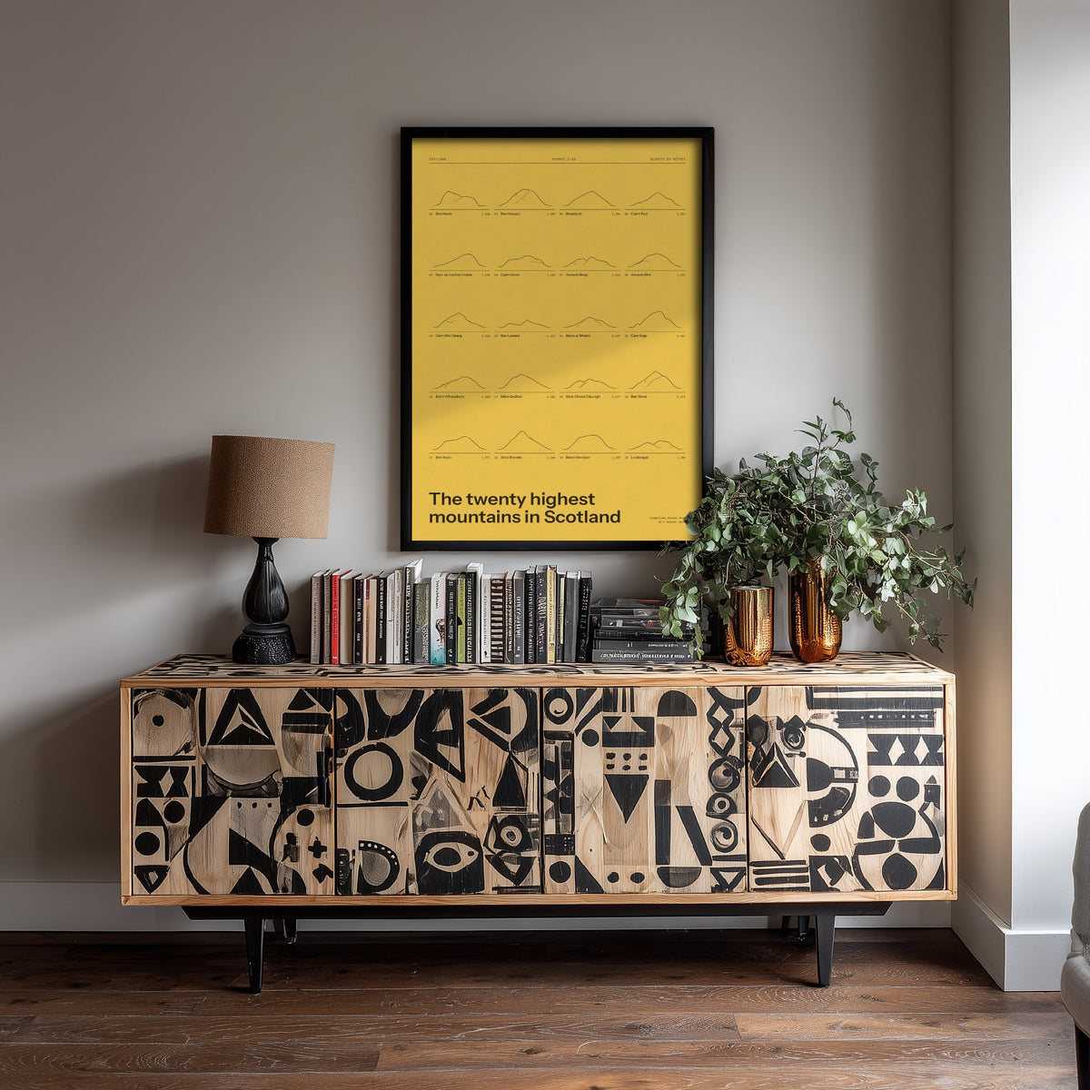 Highest Mountains in Scotland Art Print - Gorse Yellow Ledger Poster - Munros 1 to 20 Ridgeline Illustration - Hillwalking Gift