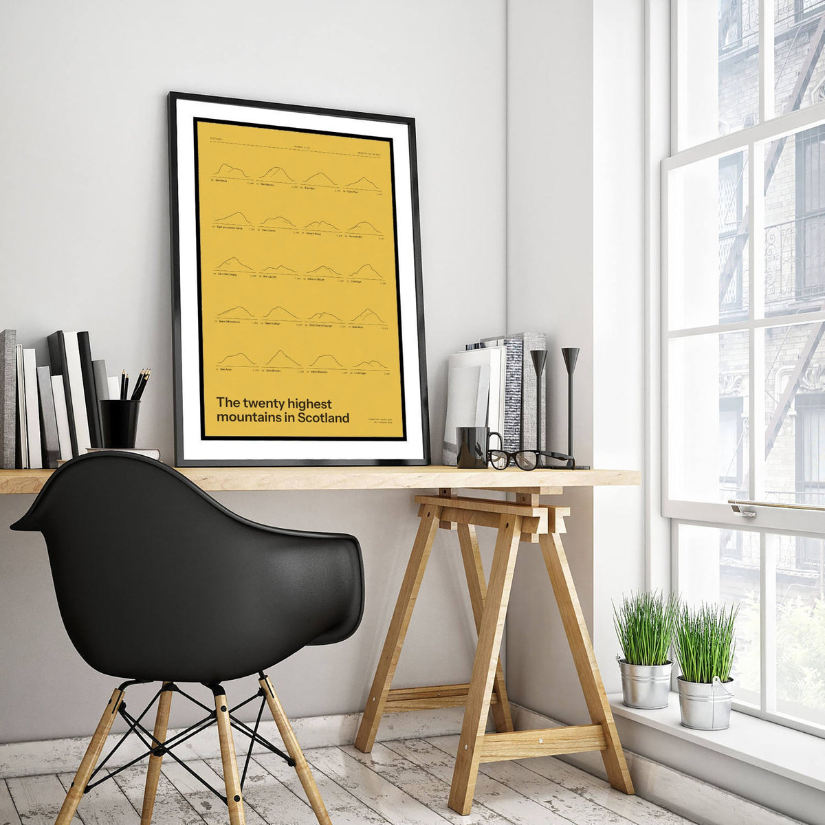 Highest Mountains in Scotland Art Print - Gorse Yellow Ledger Poster - Munros 1 to 20 Ridgeline Illustration - Hillwalking Gift