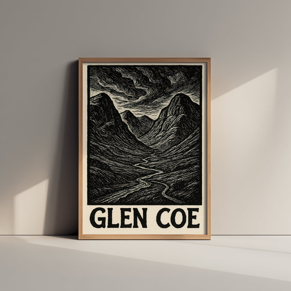 Glen Coe Scotland Travel Poster - Highland Landscape Art Print - Black and White Woodcut - Scottish Mountains 1/3