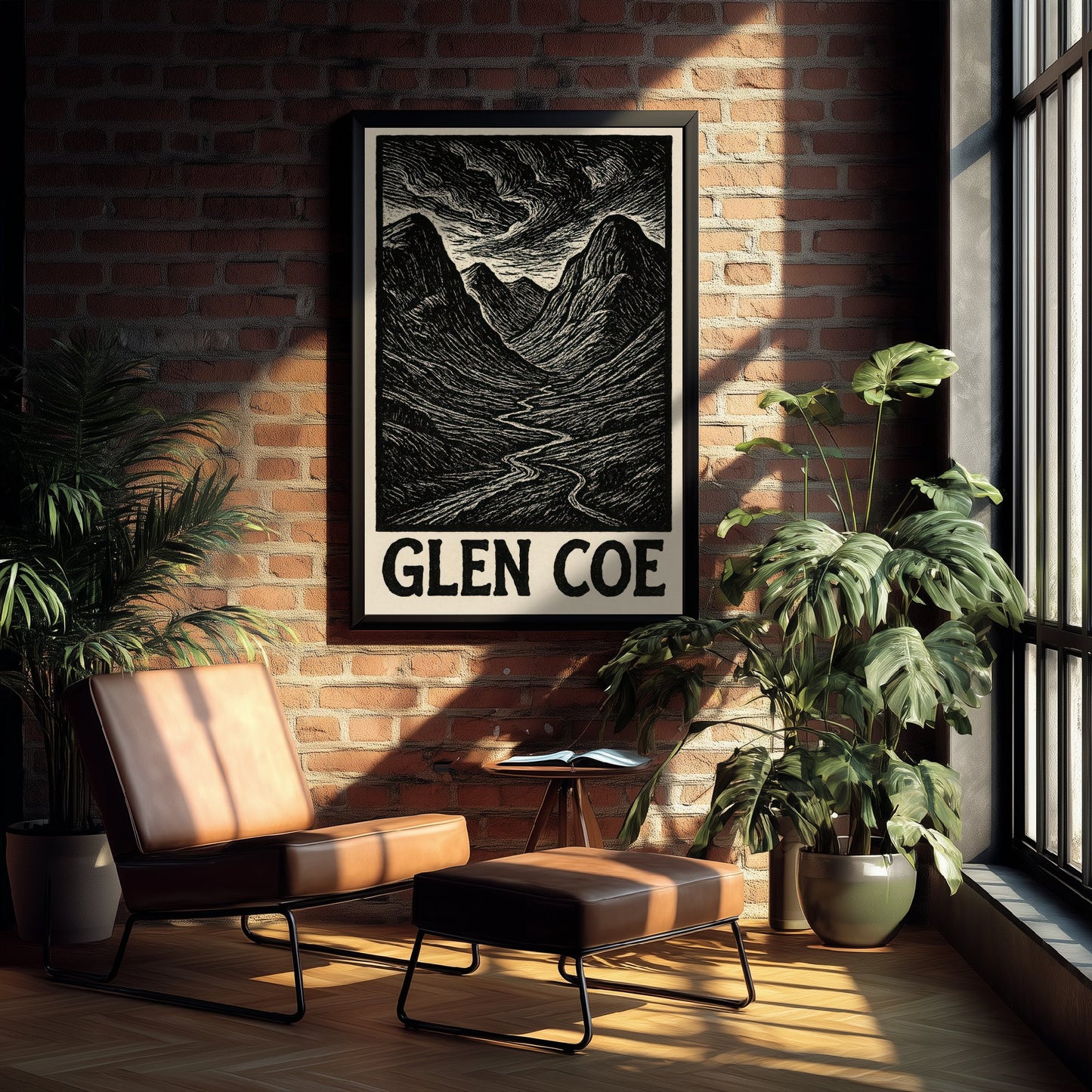 Glen Coe Scotland Travel Poster - Highland Landscape Art Print - Black and White Woodcut - Scottish Mountains 1/3