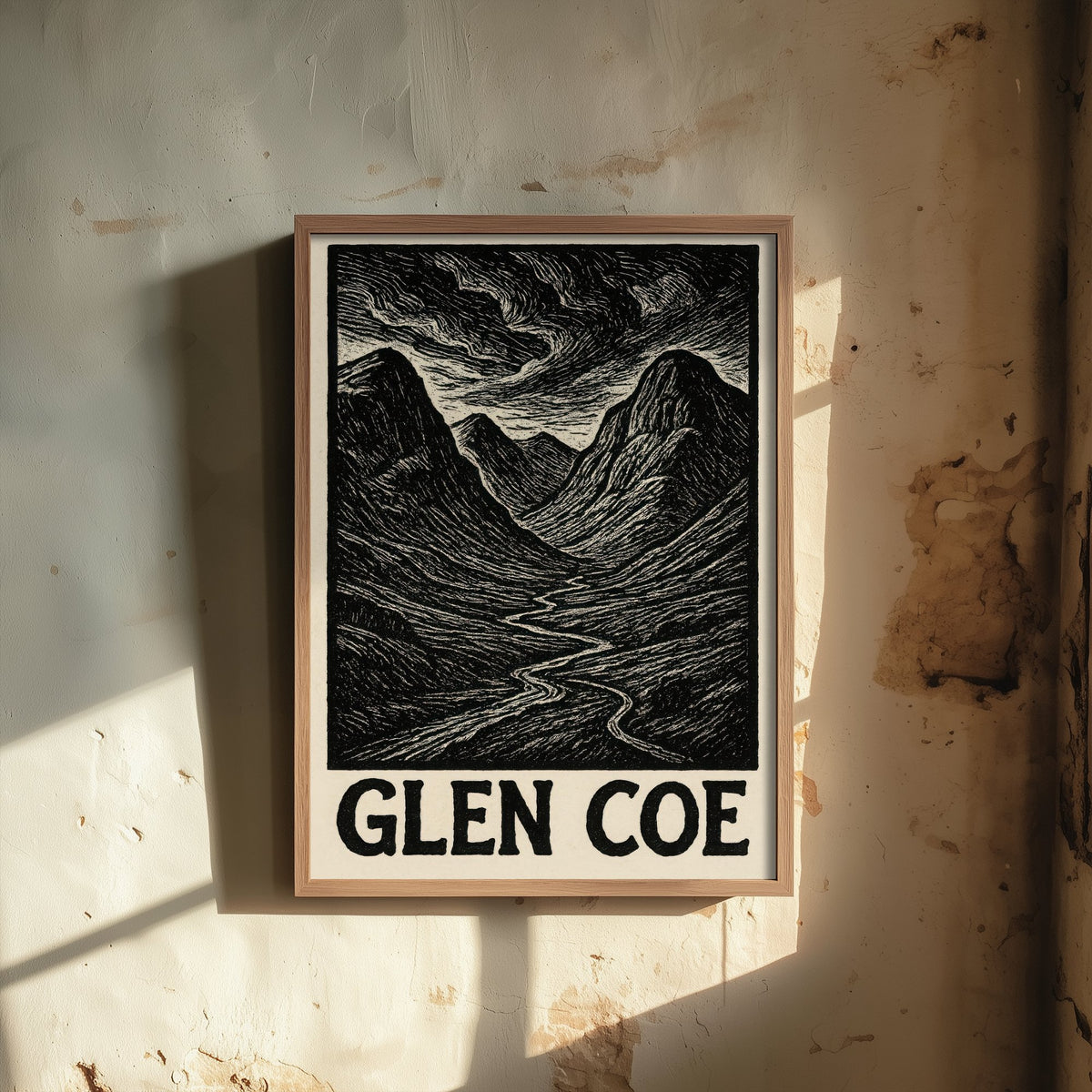Glen Coe Scotland Travel Poster - Highland Landscape Art Print - Black and White Woodcut - Scottish Mountains 1/3