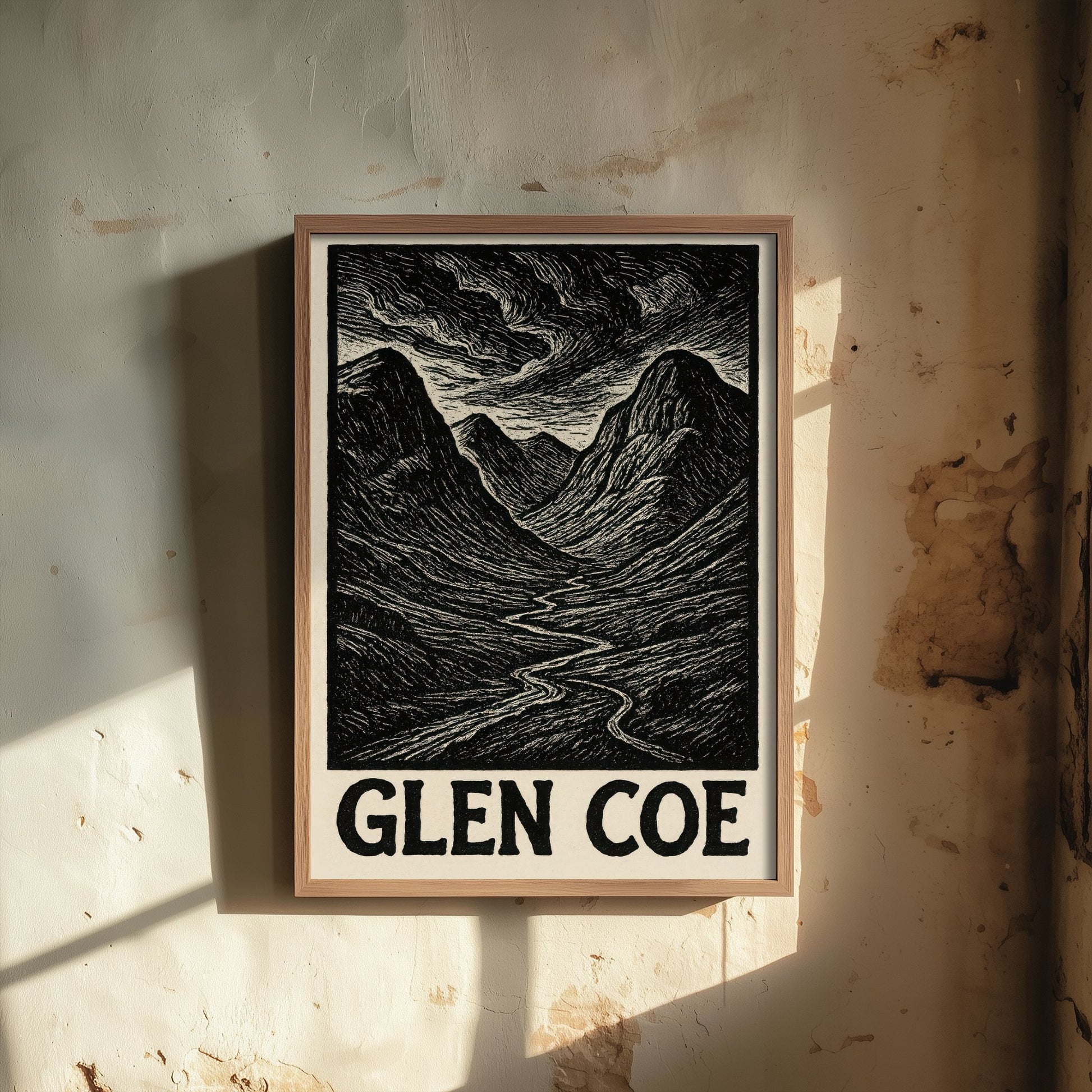 Glen Coe Scotland Travel Poster - Highland Landscape Art Print - Black and White Woodcut - Scottish Mountains 1/3