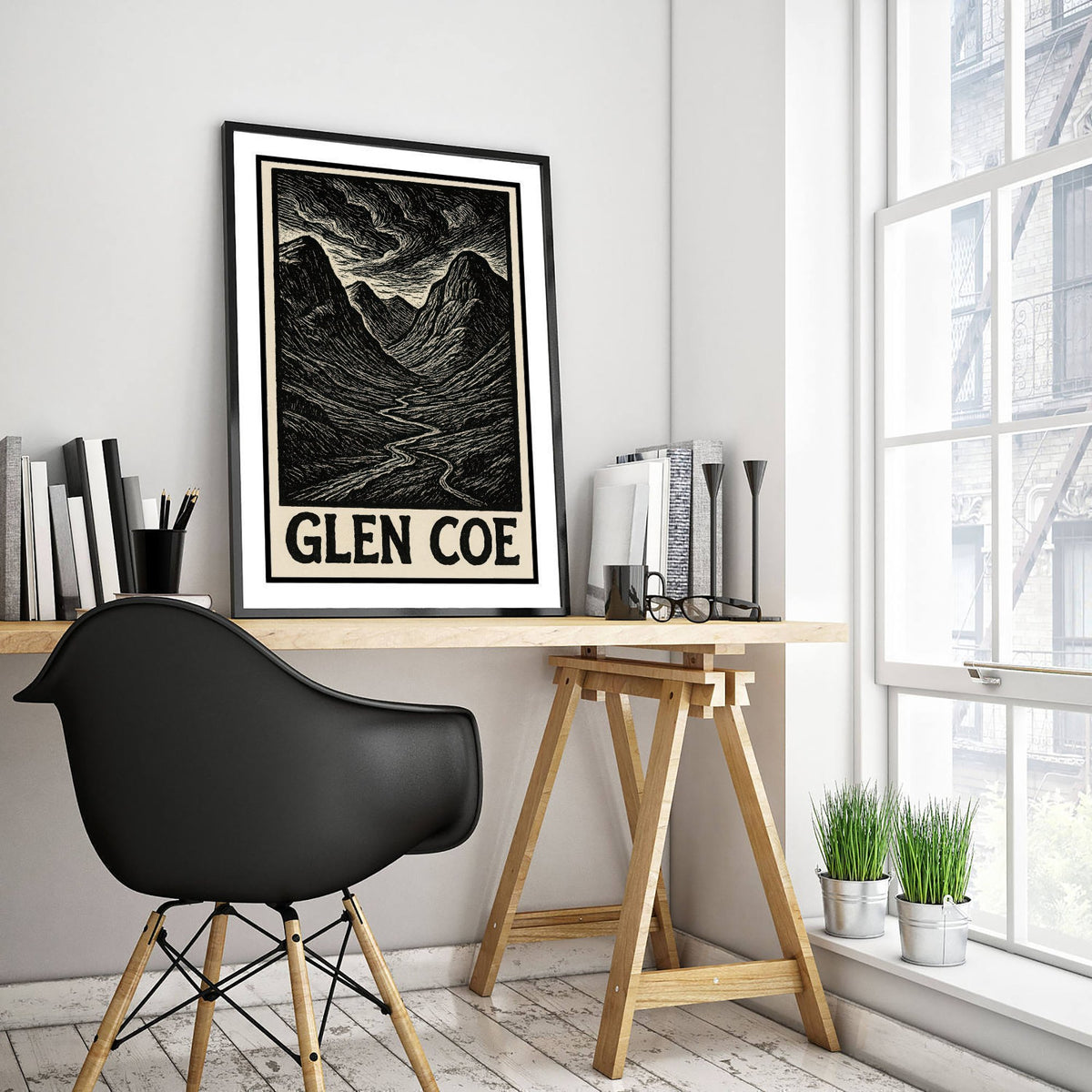 Glen Coe Scotland Travel Poster - Highland Landscape Art Print - Black and White Woodcut - Scottish Mountains 1/3