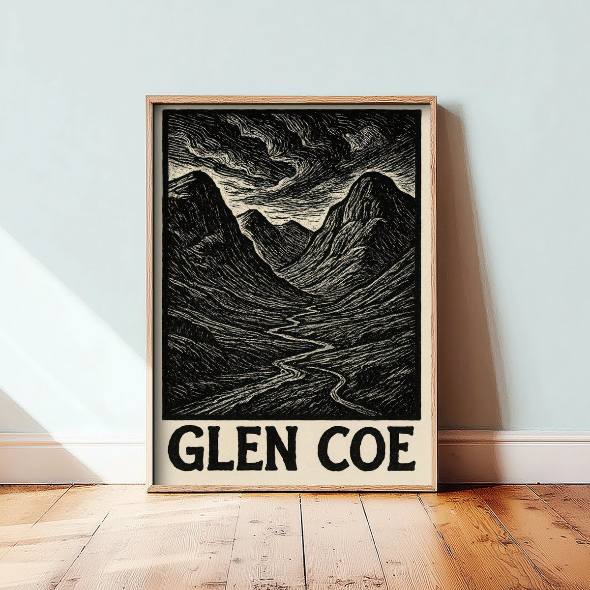 Glen Coe Scotland Travel Poster - Highland Landscape Art Print - Black and White Woodcut - Scottish Mountains 1/3