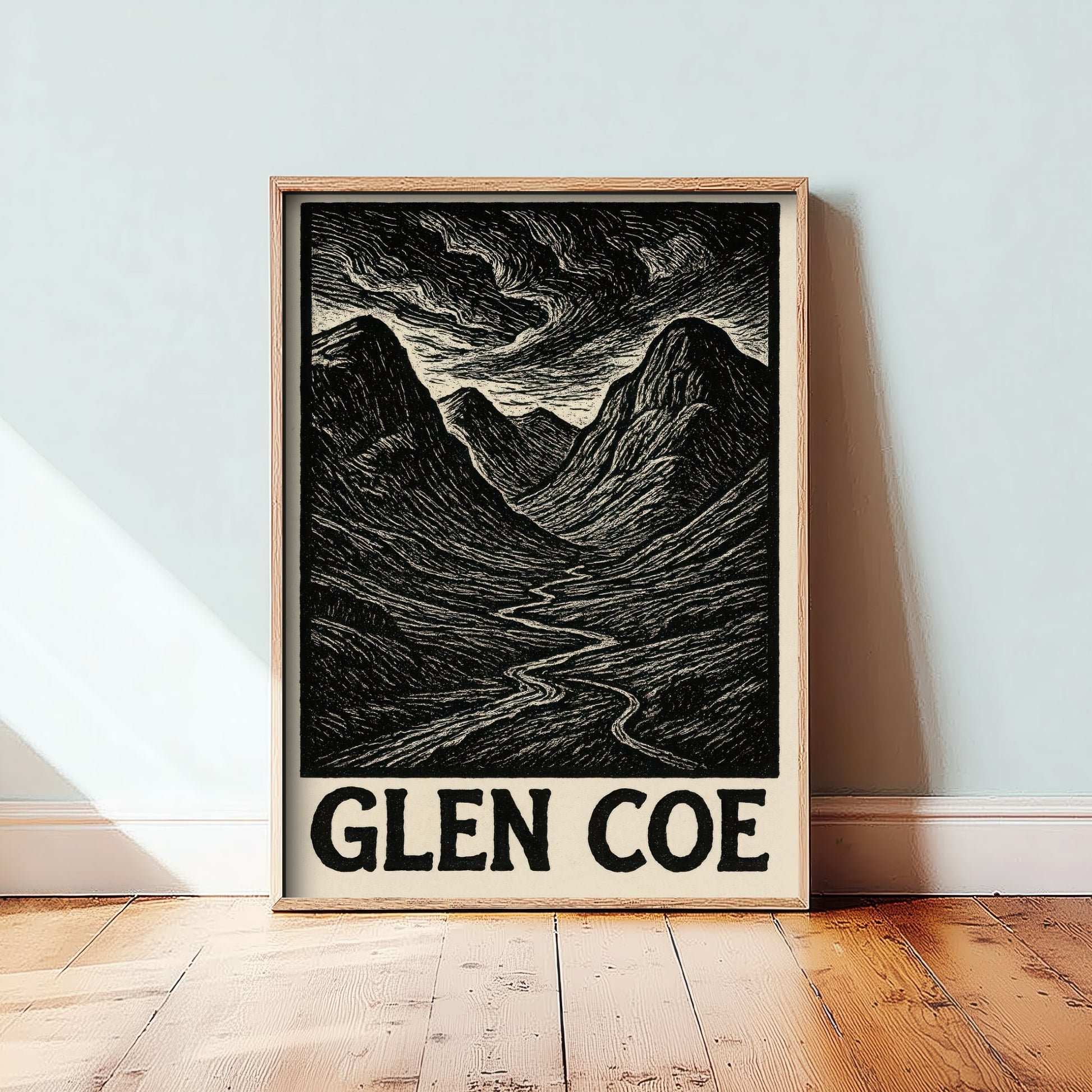 Glen Coe Scotland Travel Poster - Highland Landscape Art Print - Black and White Woodcut - Scottish Mountains 1/3