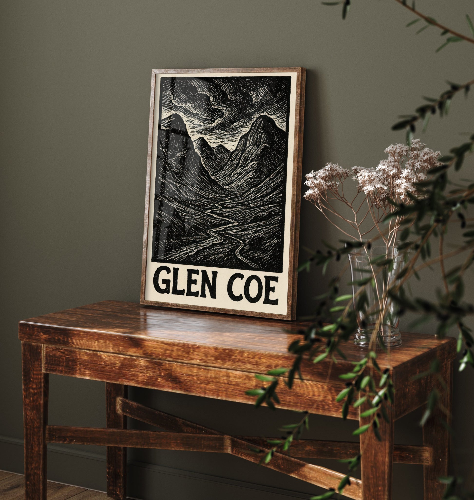 Glen Coe Scotland Travel Poster - Highland Landscape Art Print - Black and White Woodcut - Scottish Mountains 1/3