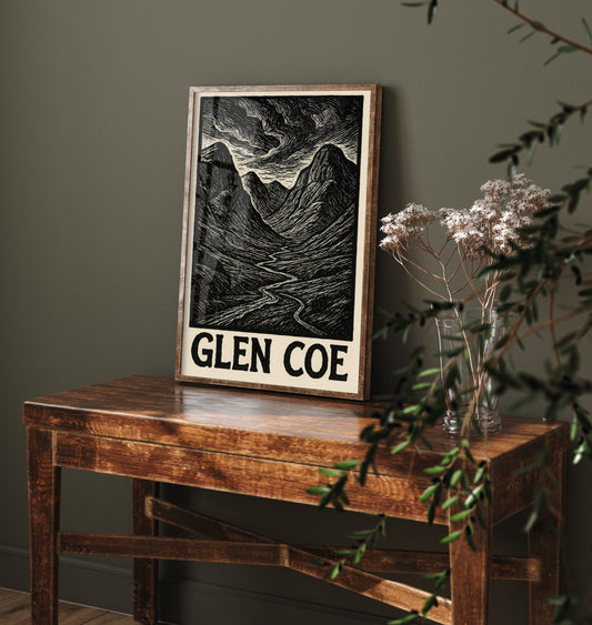 Glen Coe Scotland Travel Poster - Highland Landscape Art Print - Black and White Woodcut - Scottish Mountains 1/3