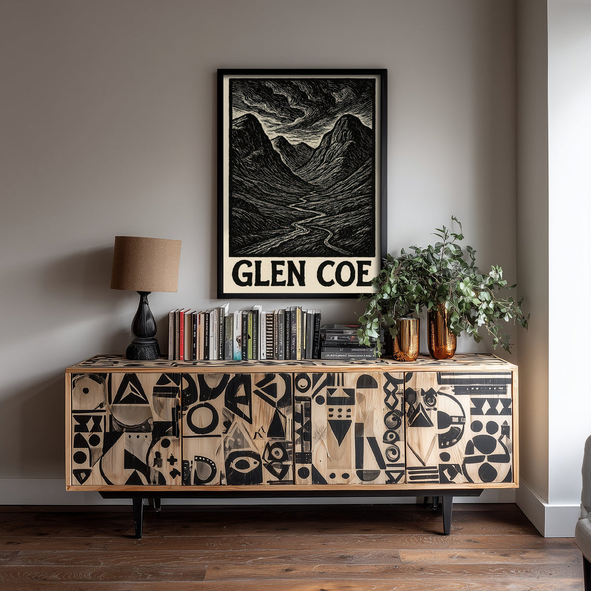 Glen Coe Scotland Travel Poster - Highland Landscape Art Print - Black and White Woodcut - Scottish Mountains 1/3