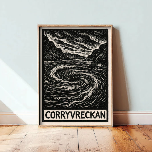 Corryvreckan Scotland Travel Poster - Whirlpool Art Print - Black and White Woodcut - Scottish Coast 2/3