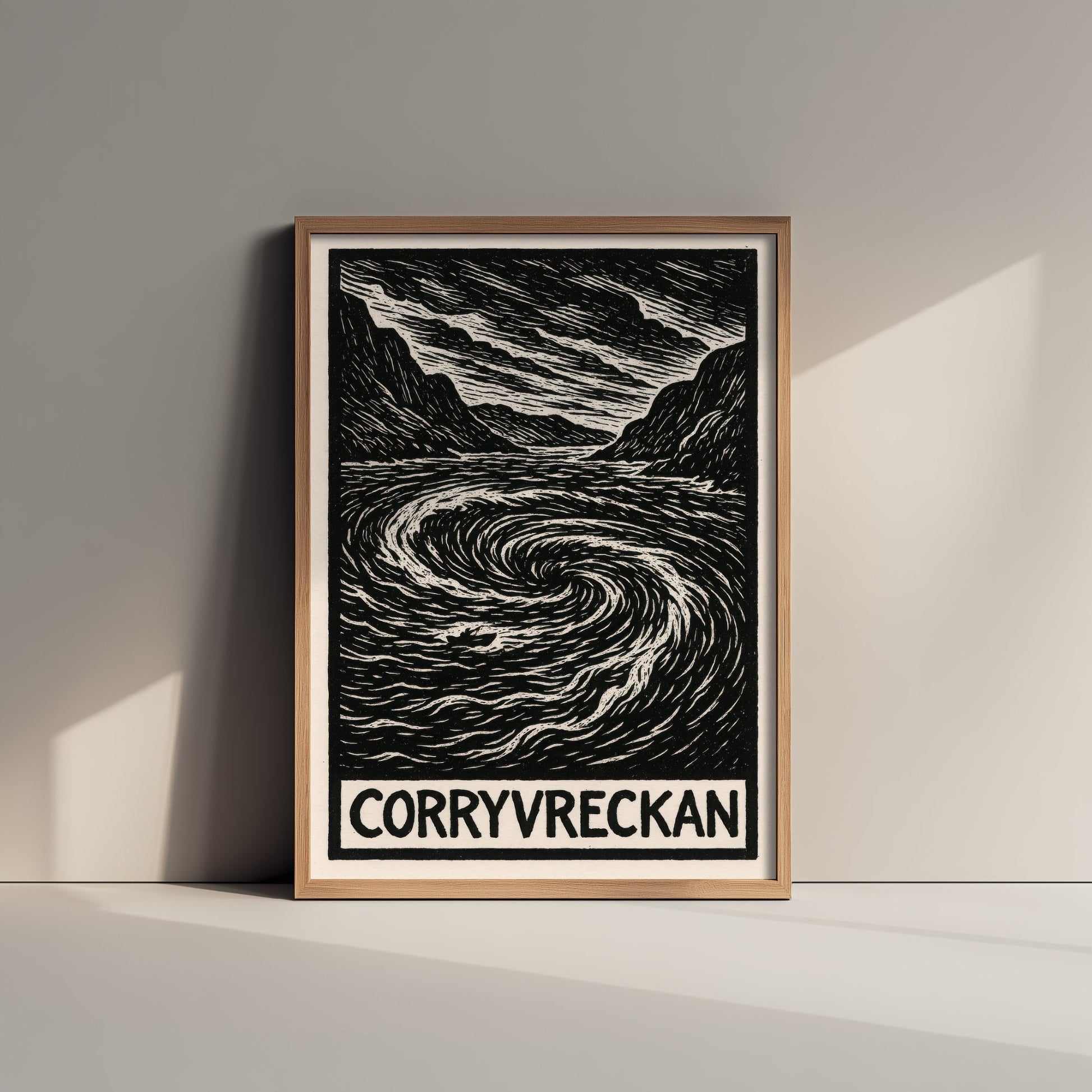 Corryvreckan Scotland Travel Poster - Whirlpool Art Print - Black and White Woodcut - Scottish Coast 2/3