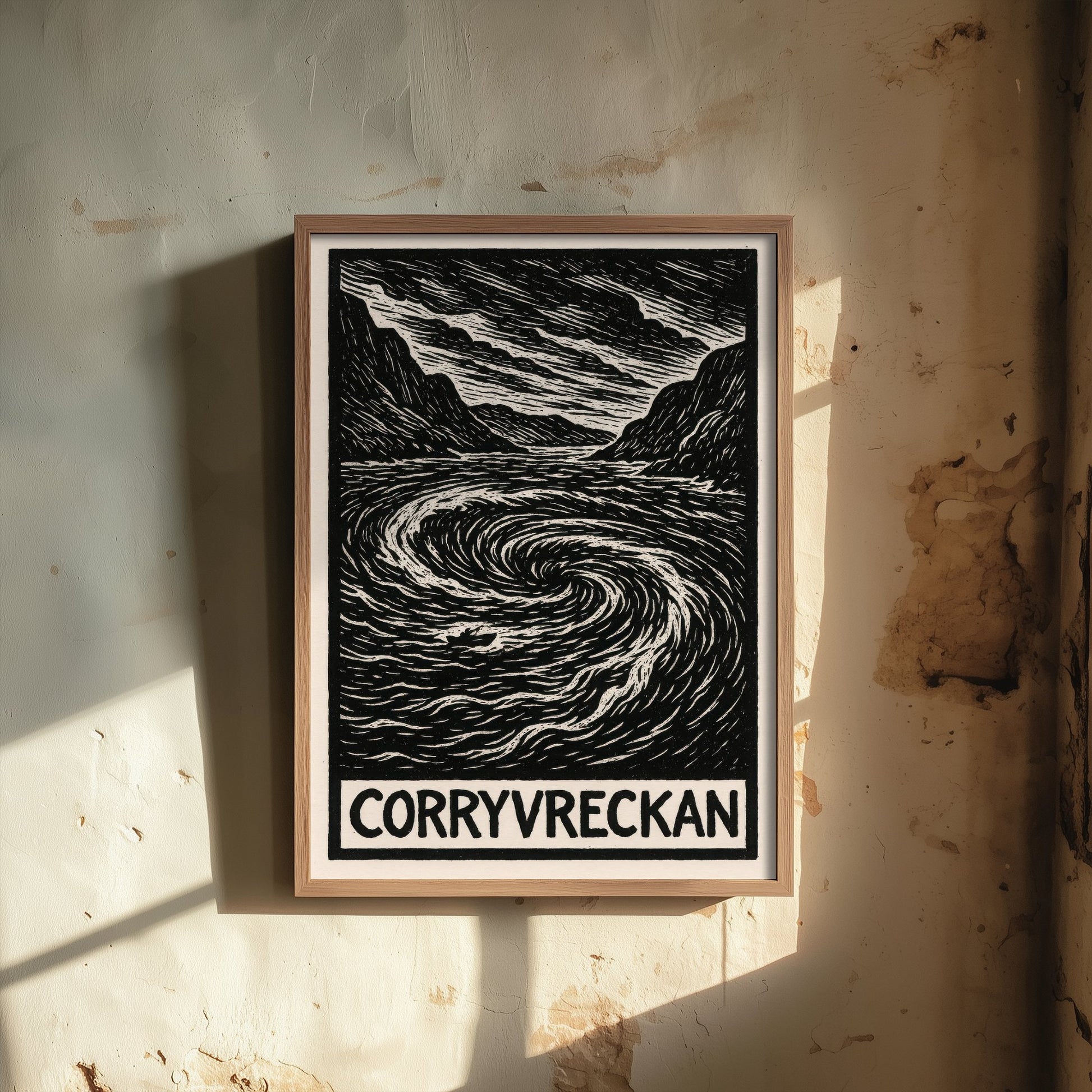 Corryvreckan Scotland Travel Poster - Whirlpool Art Print - Black and White Woodcut - Scottish Coast 2/3