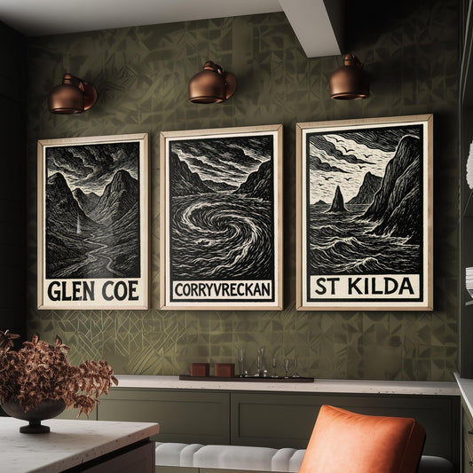 Scotland Woodcut Set of Three Art Prints - 3 Glen Coe Corryvreckan St Kilda Posters - Gothic Illustration Highland Travel Gift