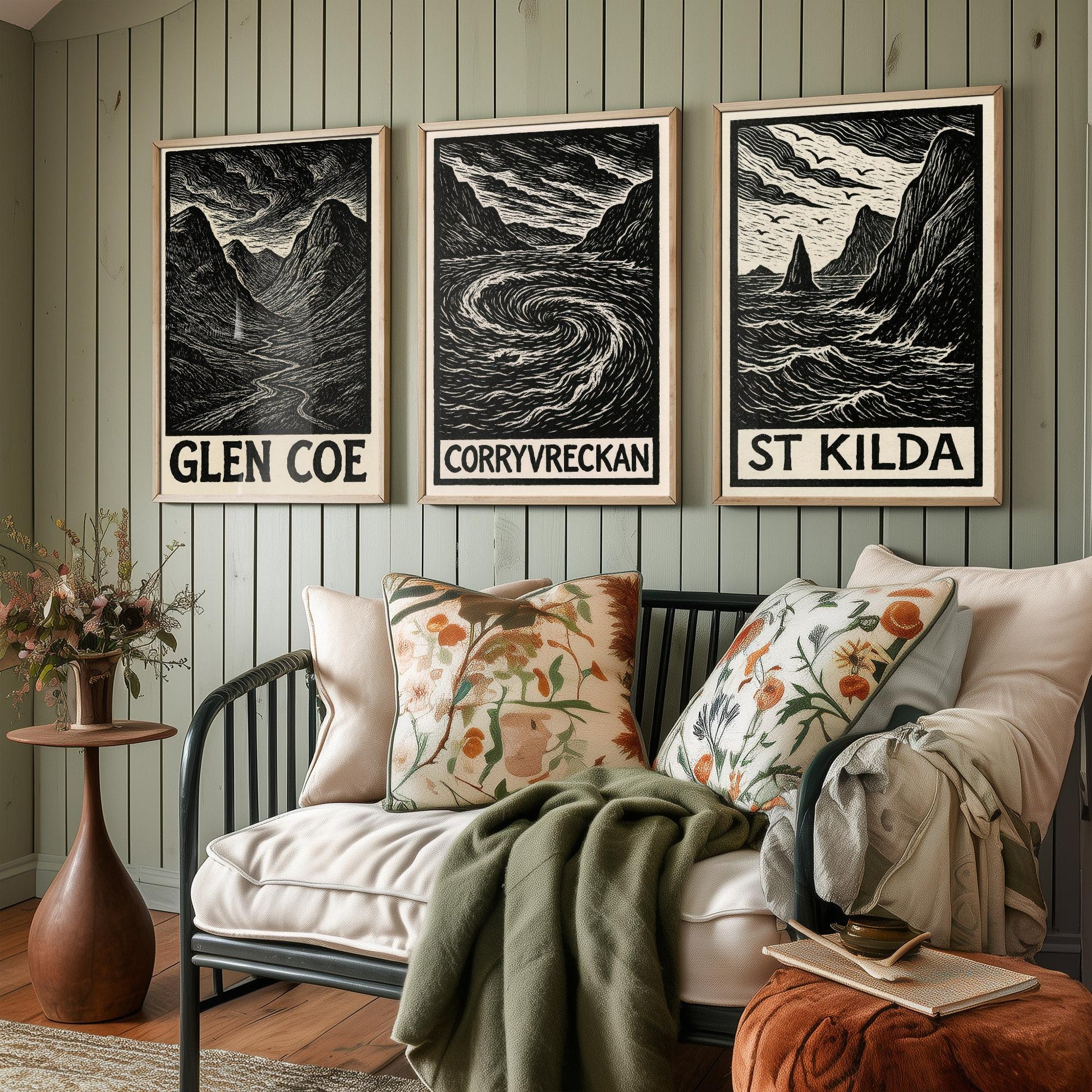 Scotland Woodcut Set of Three Art Prints - 3 Glen Coe Corryvreckan St Kilda Posters - Gothic Illustration Highland Travel Gift