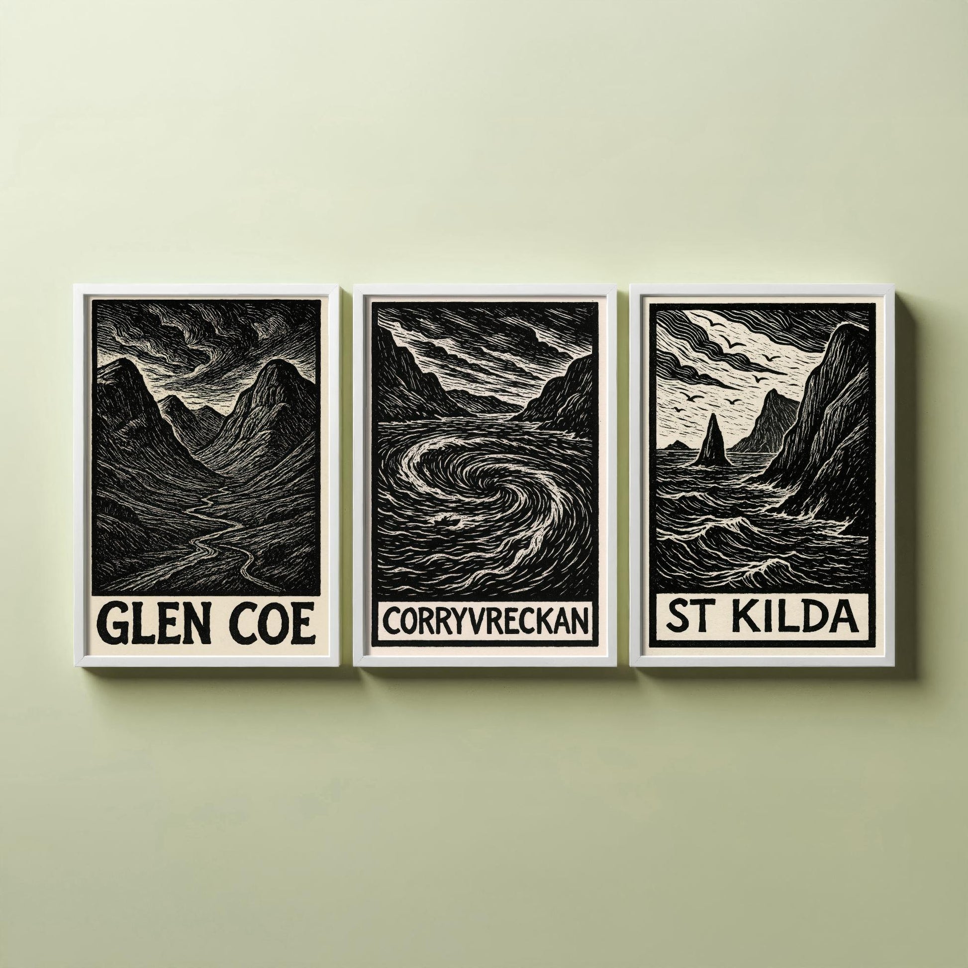 Scotland Woodcut Set of Three Art Prints - 3 Glen Coe Corryvreckan St Kilda Posters - Gothic Illustration Highland Travel Gift