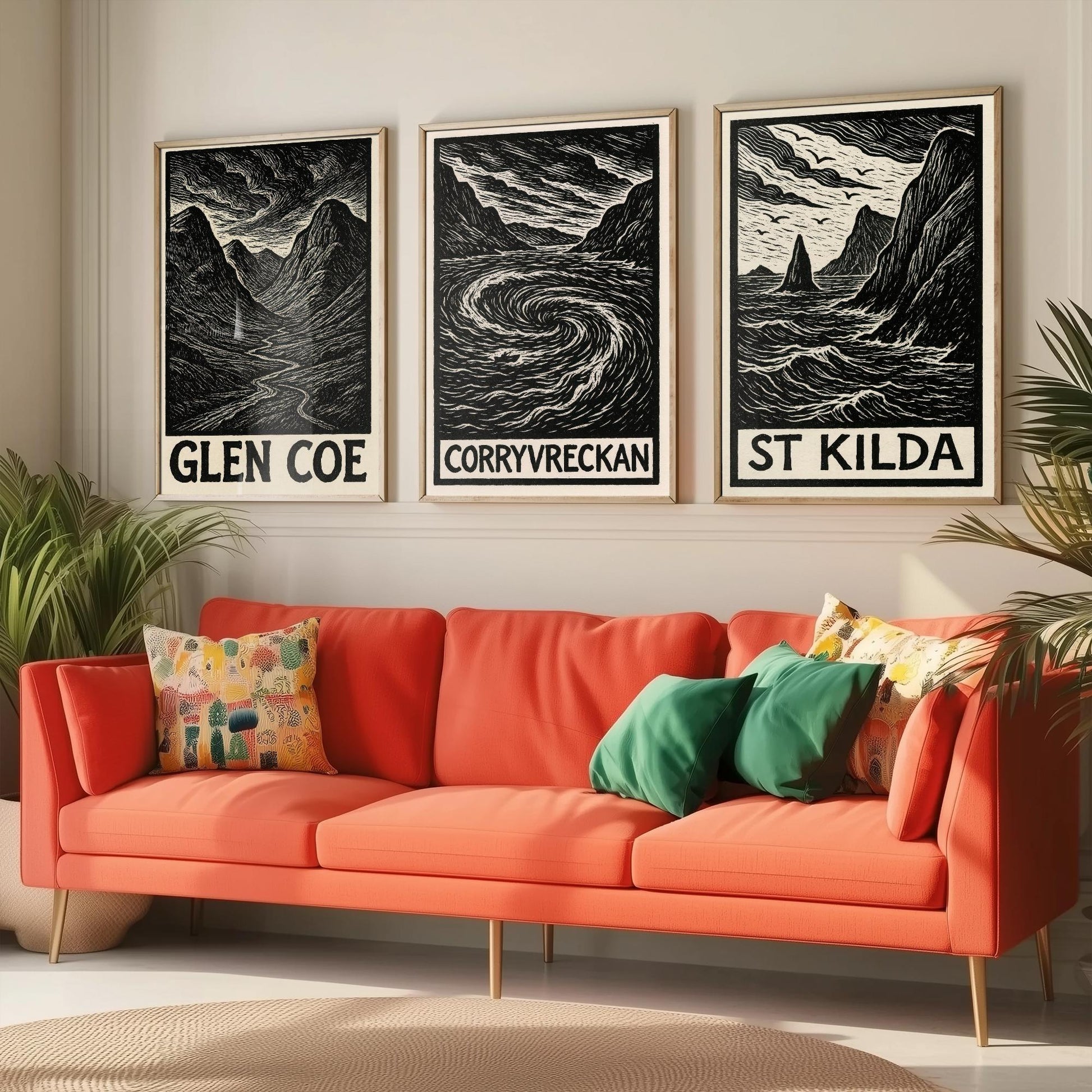 Scotland Woodcut Set of Three Art Prints - 3 Glen Coe Corryvreckan St Kilda Posters - Gothic Illustration Highland Travel Gift