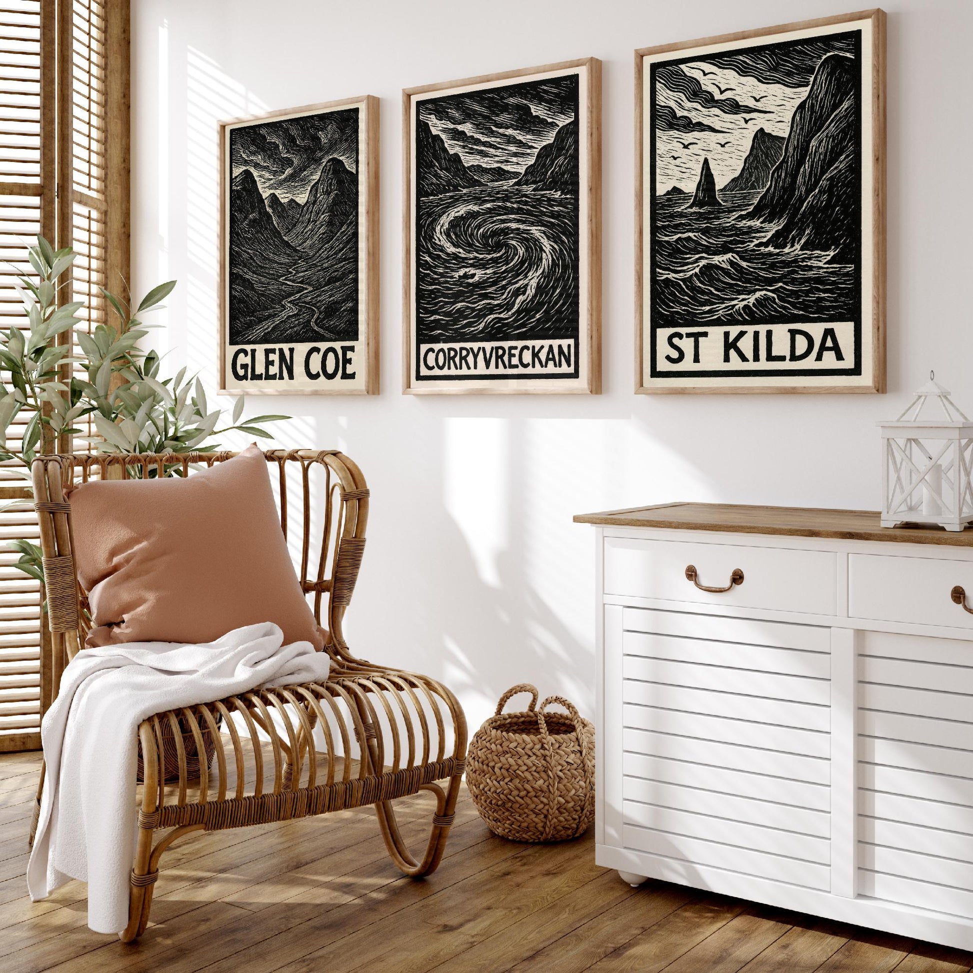 Scotland Woodcut Set of Three Art Prints - 3 Glen Coe Corryvreckan St Kilda Posters - Gothic Illustration Highland Travel Gift