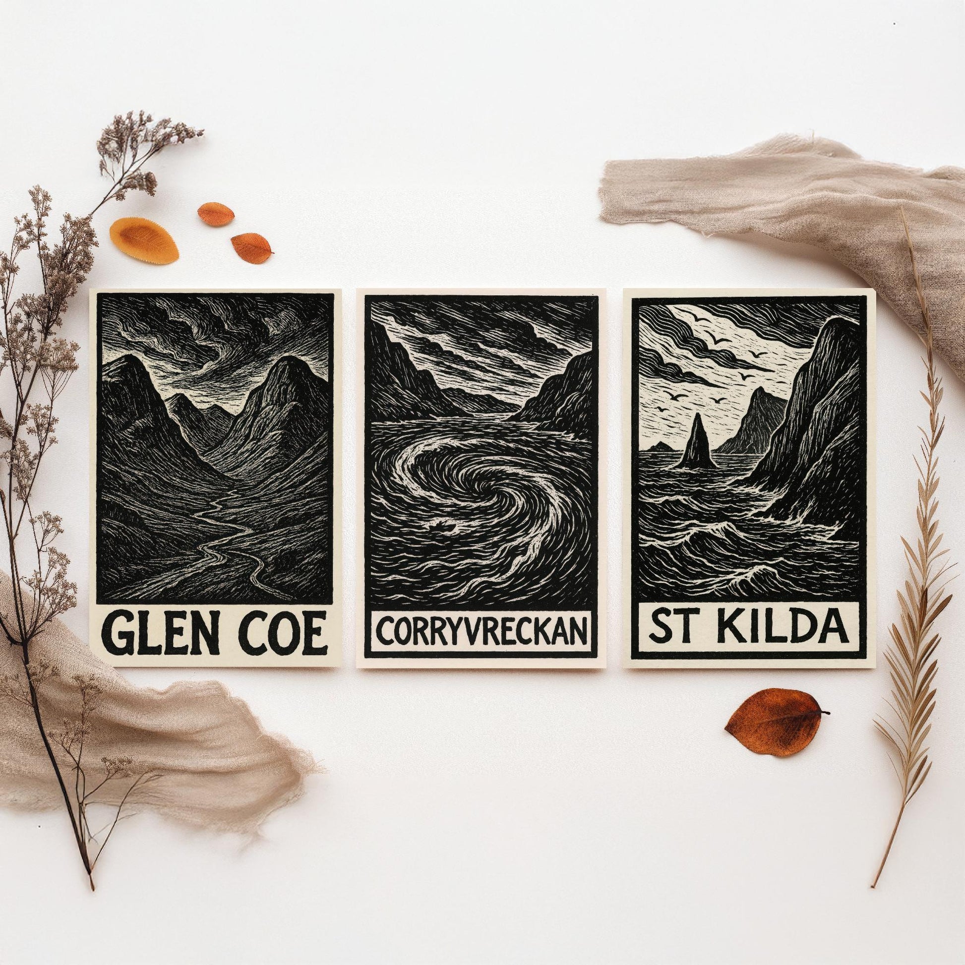 Scotland Woodcut Set of Three Art Prints - 3 Glen Coe Corryvreckan St Kilda Posters - Gothic Illustration Highland Travel Gift