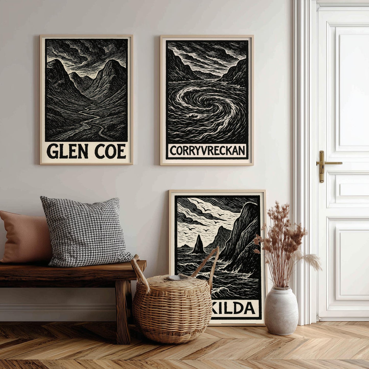 Scotland Woodcut Set of Three Art Prints - 3 Glen Coe Corryvreckan St Kilda Posters - Gothic Illustration Highland Travel Gift